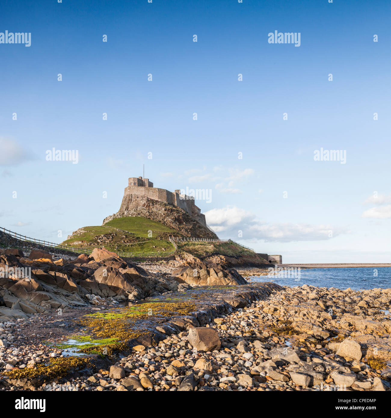 Castillo de Lindisfarne en Holy Island, frente a la costa de Northumberland, en el noreste de Inglaterra. Foto de stock