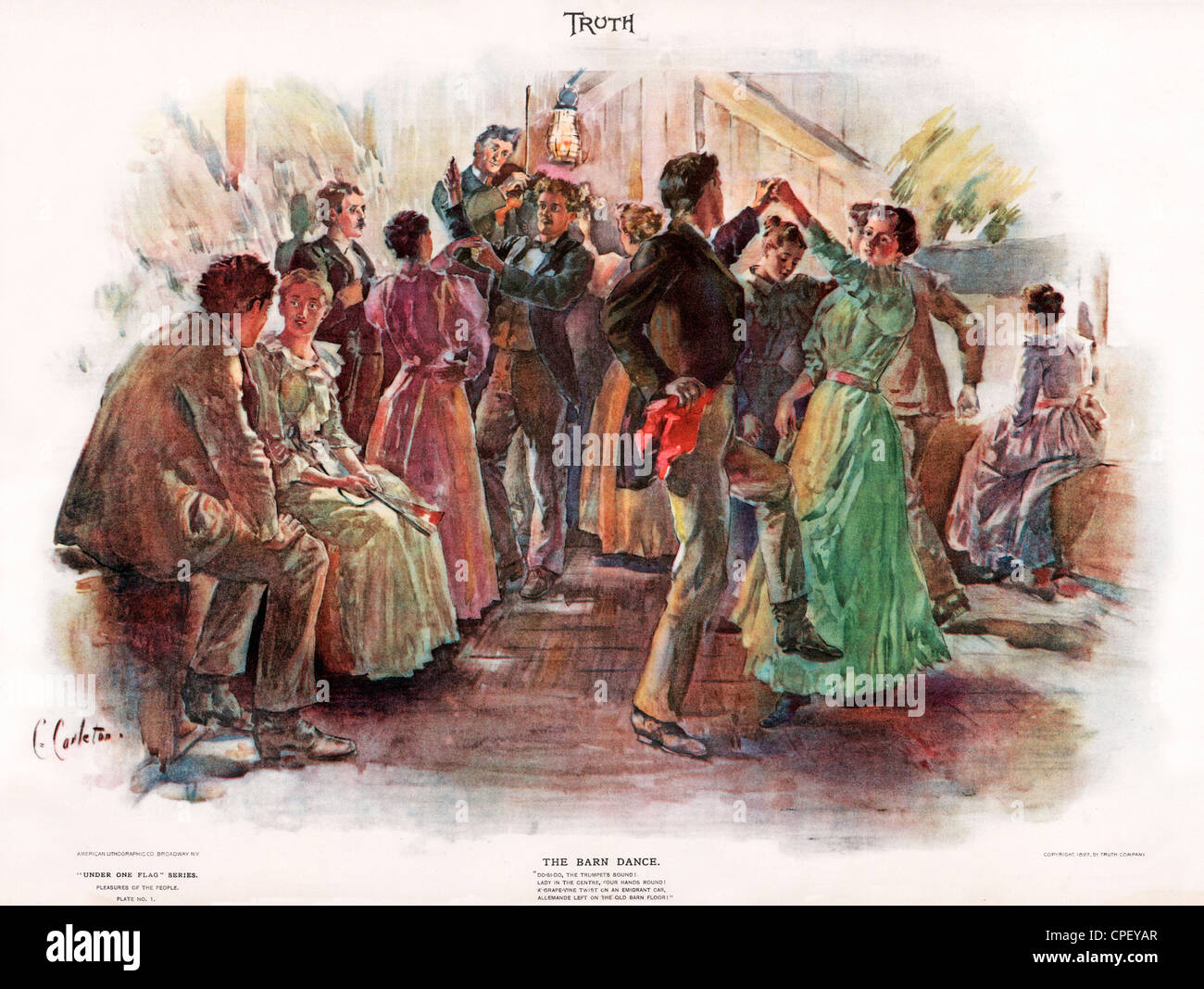 El baile de granero, 1897 American verdad magazine ilustración de un país, parte de la danza bajo una sola bandera, los placeres del pueblo, en la frontera Oeste Salvaje Foto de stock