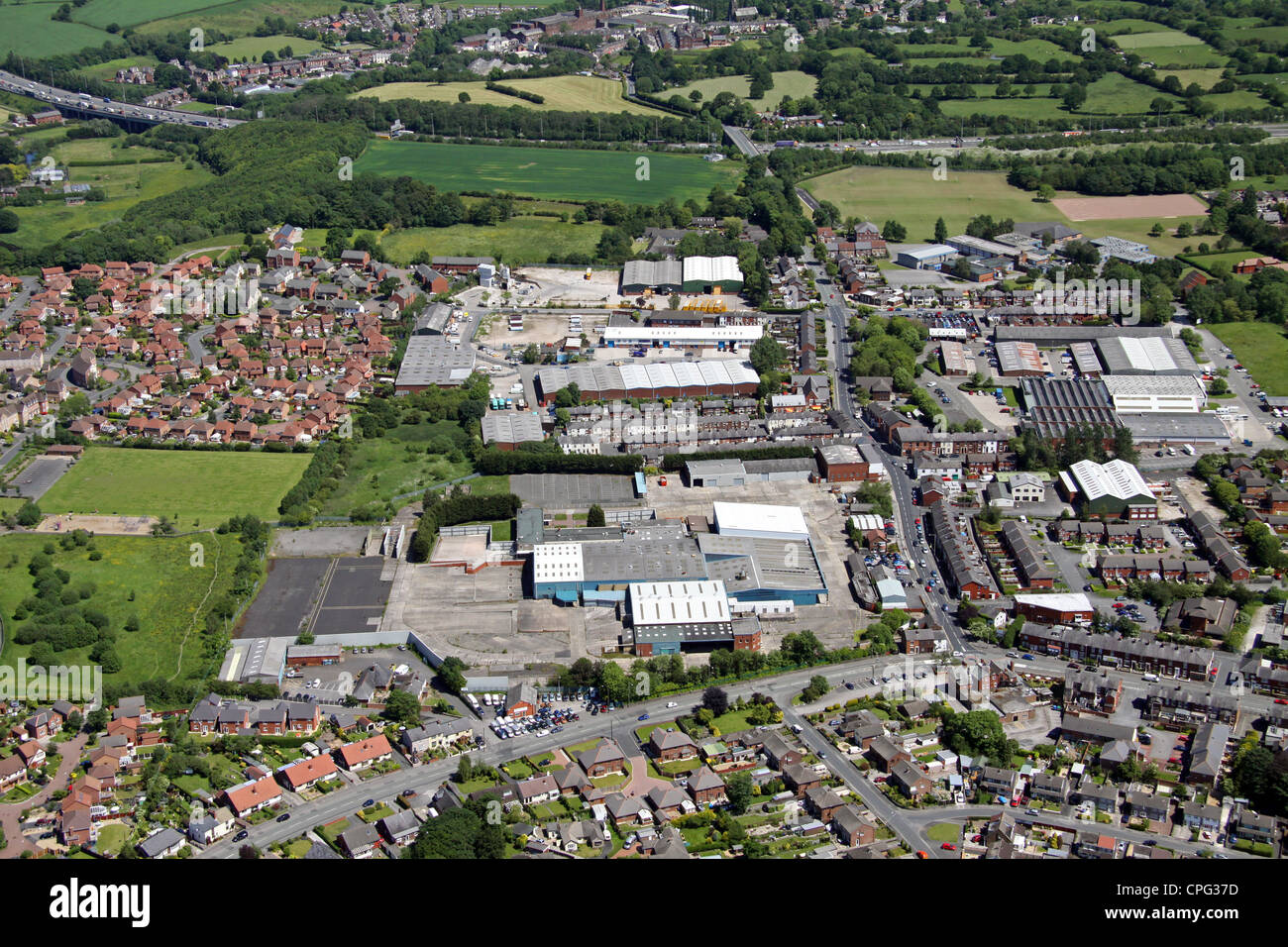 Vista aérea de obras industriales en Bamber Bridge cerca de Preston, Lancashire Foto de stock