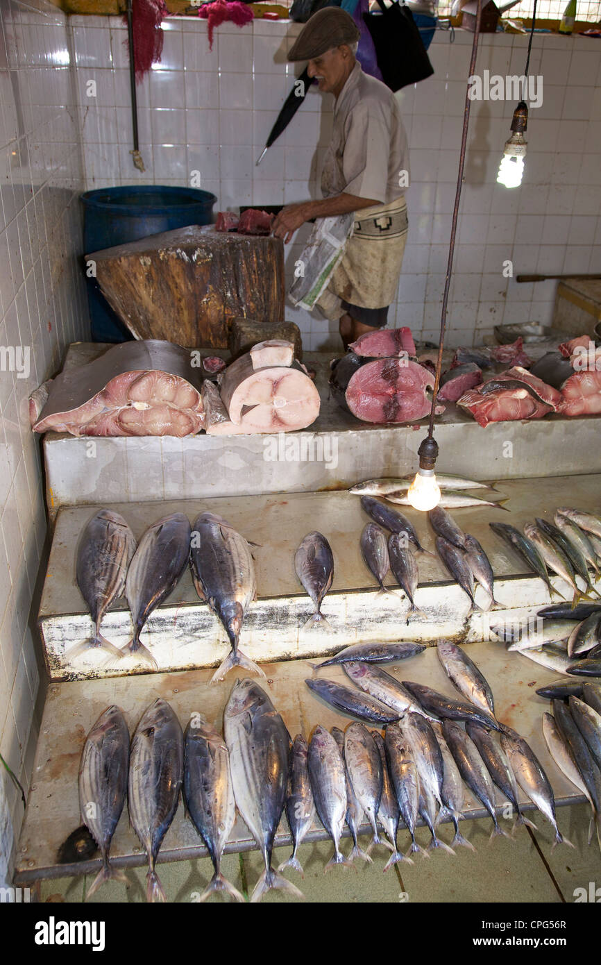Pescadería preparar pescado fresco para su venta en el mercado de Kandy, Sri Lanka, Asia Foto de stock
