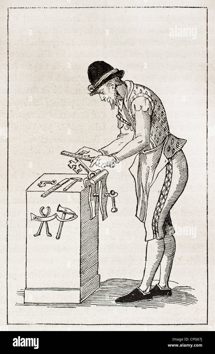 Obrero metalúrgico en 1580, ilustración antigua Foto de stock