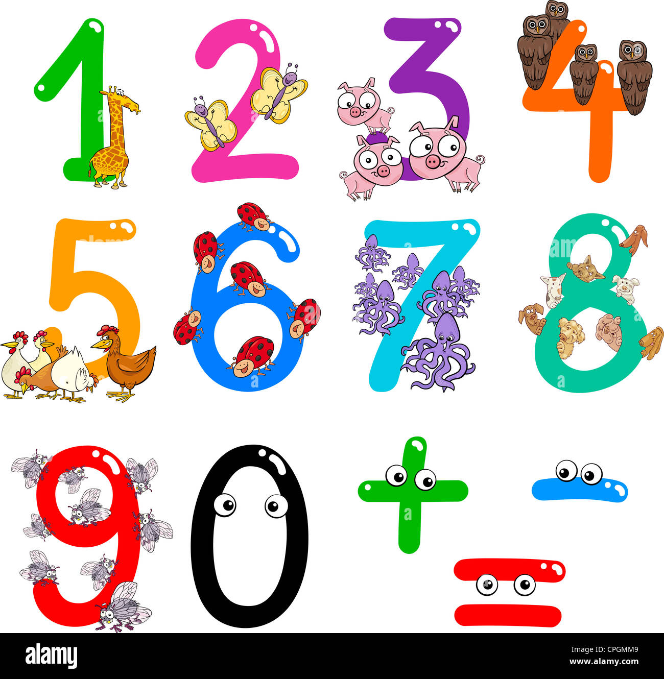 Ilustración de dibujos animados de los números del cero al nueve con  animales Fotografía de stock - Alamy