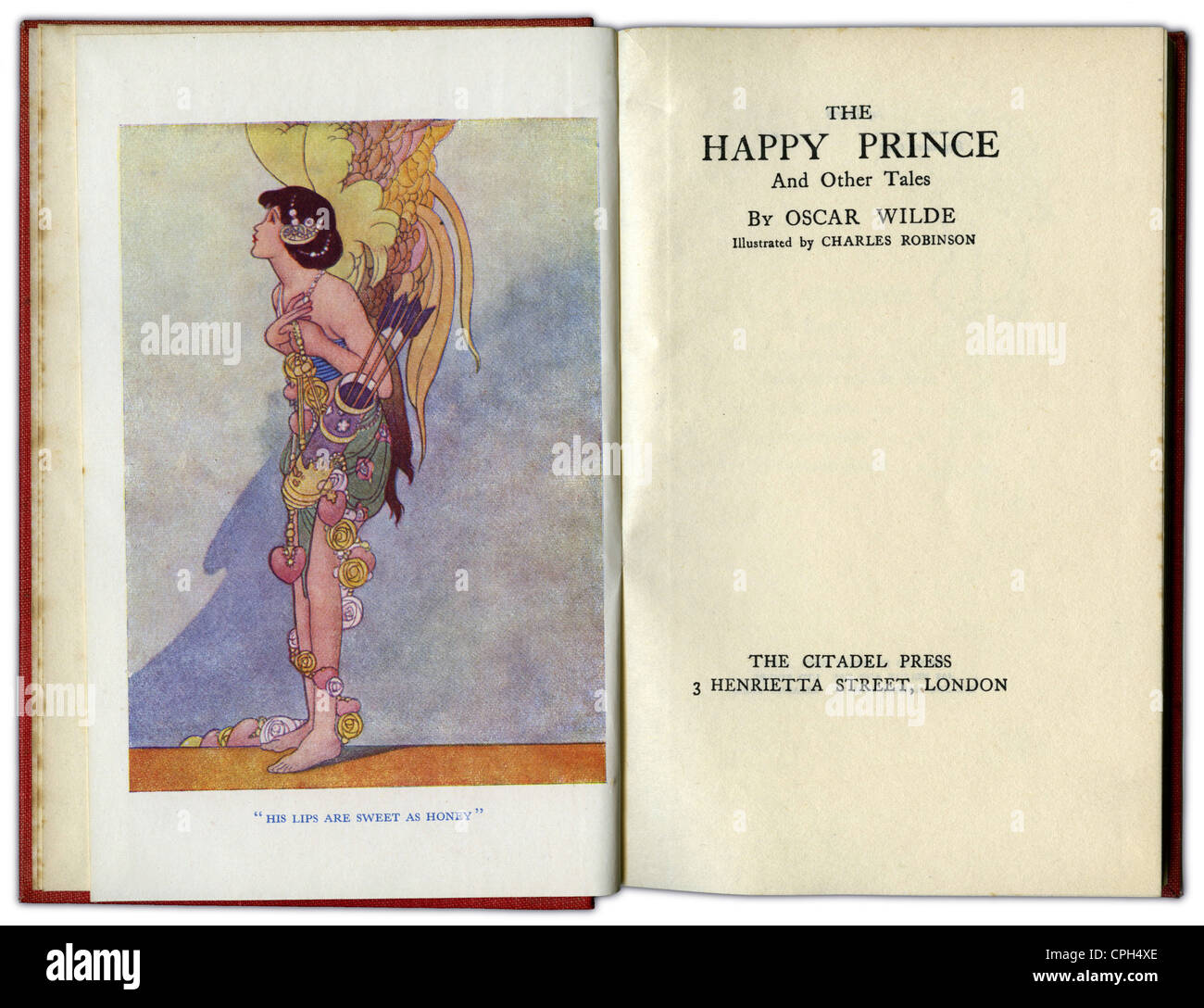 Libros, Oscar Wilde: 'El Príncipe Feliz y otros Cuentos' (1888), reimpresión, Citadel Press, 1947, página de título e ilustración por Charles Robinson, Derechos adicionales-Clearences-no disponible Foto de stock
