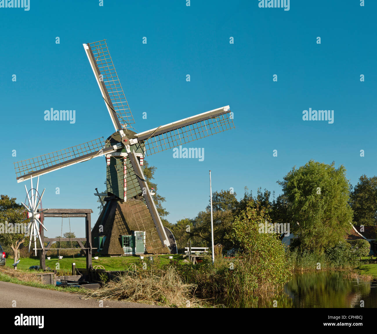 Países Bajos, Holanda, Europa, Tienhoven, molino de viento, bosque, madera, árboles, otoño, Smock windmill, Smock, De Trouwe Waghter Foto de stock