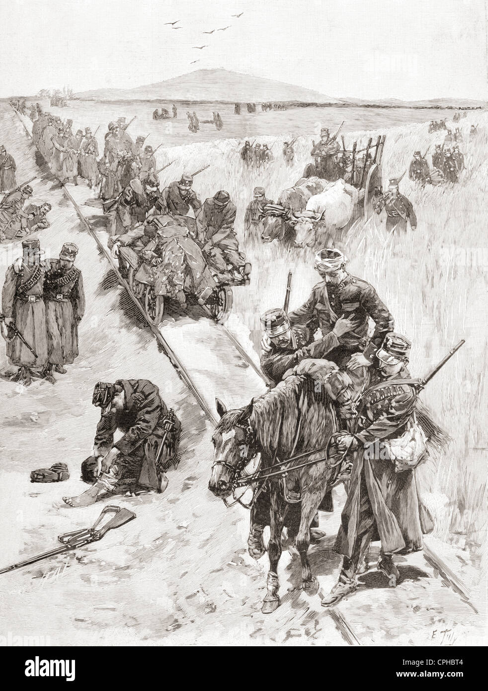 La retirada de los heridos los soldados griegos tras la batalla de Velestino durante la guerra greco-turca de 1897. Foto de stock