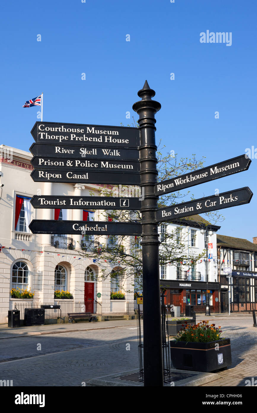 El centro de la ciudad de Ripon, información turística signpost. North Yorkshire, Reino Unido Foto de stock