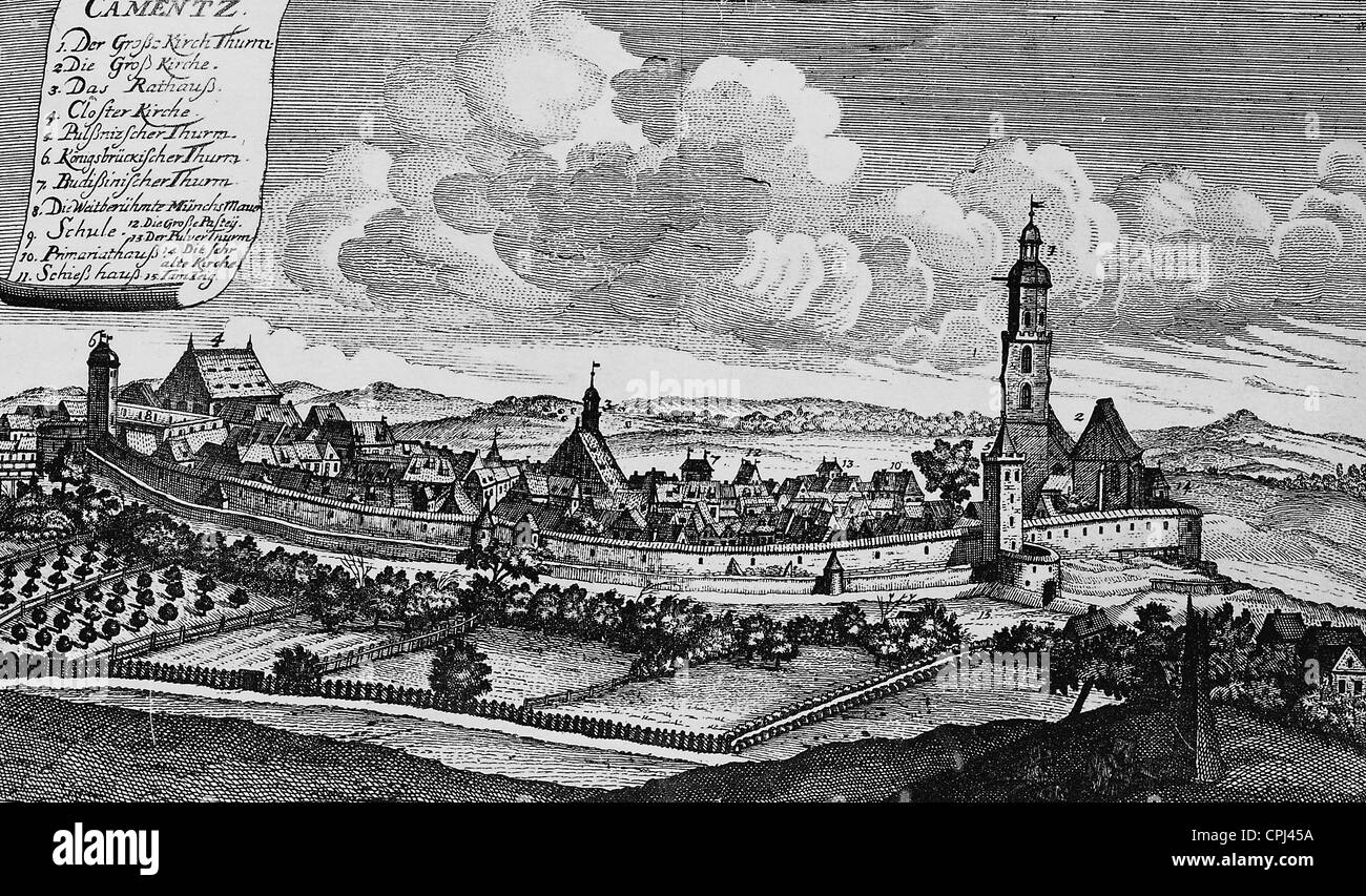 Vista de Kamenz en el siglo XVIII. Foto de stock