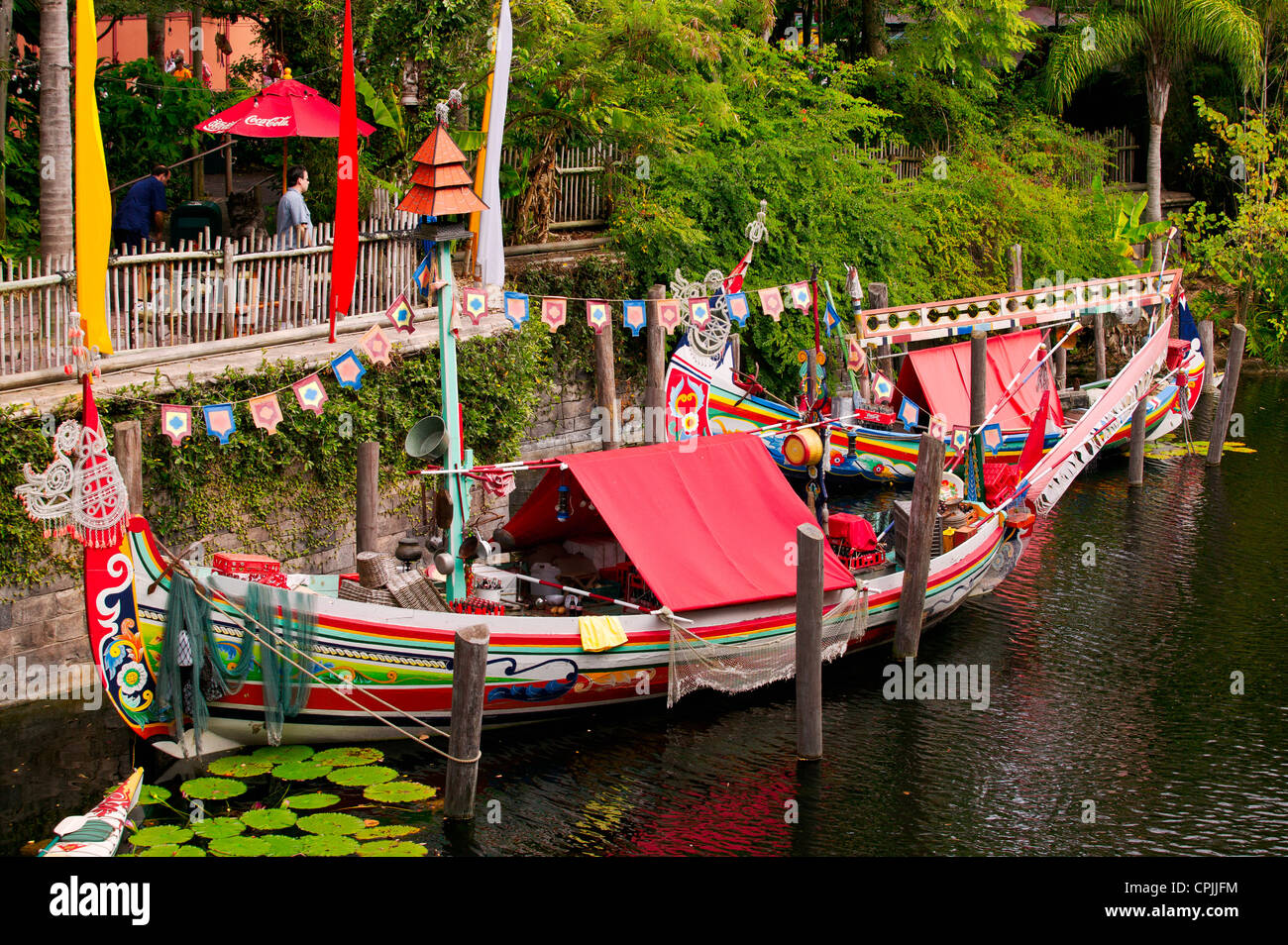 Barcos amarrados en el Reino Animal de Disney Resort, Orlando, Florida, EE.UU. Foto de stock
