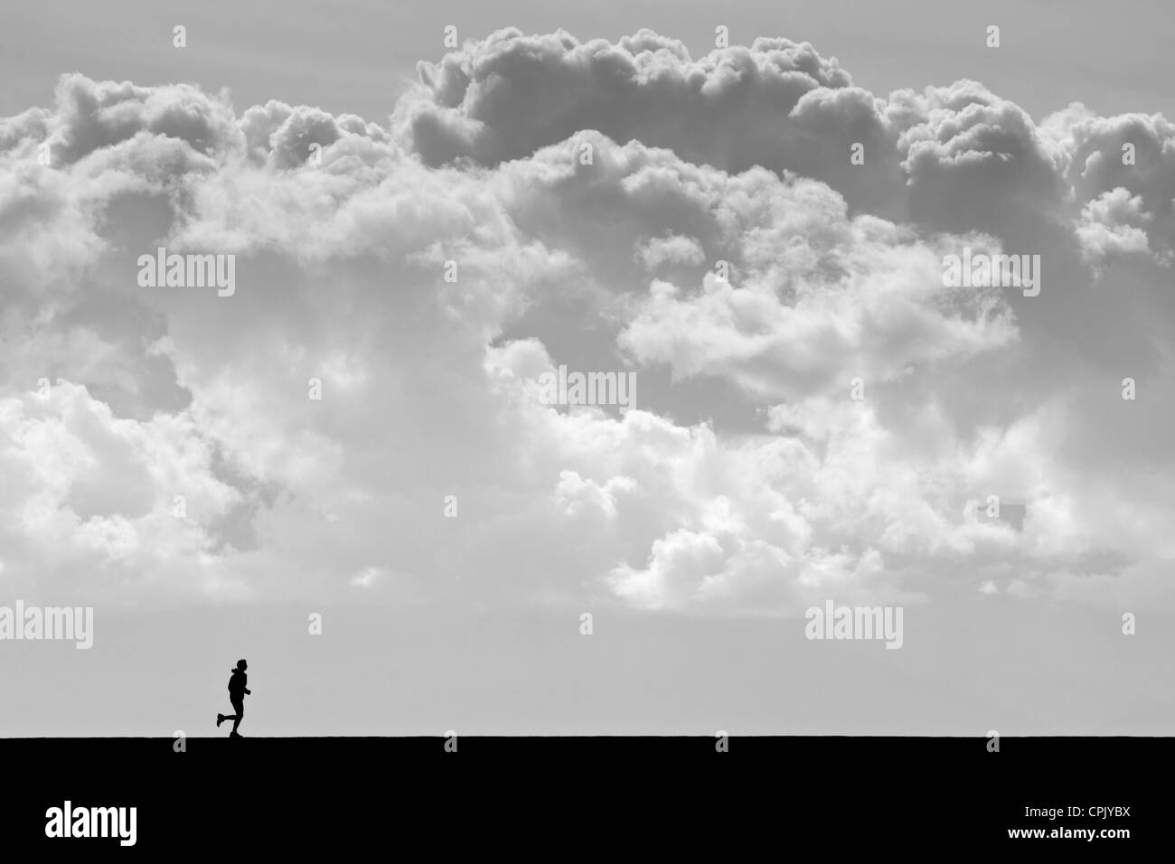 Emparejador hembra solitaria silueta contra las nubes mientras ejecuta el espigón-Victoria, la isla de Vancouver, British Columbia, Canadá. Foto de stock