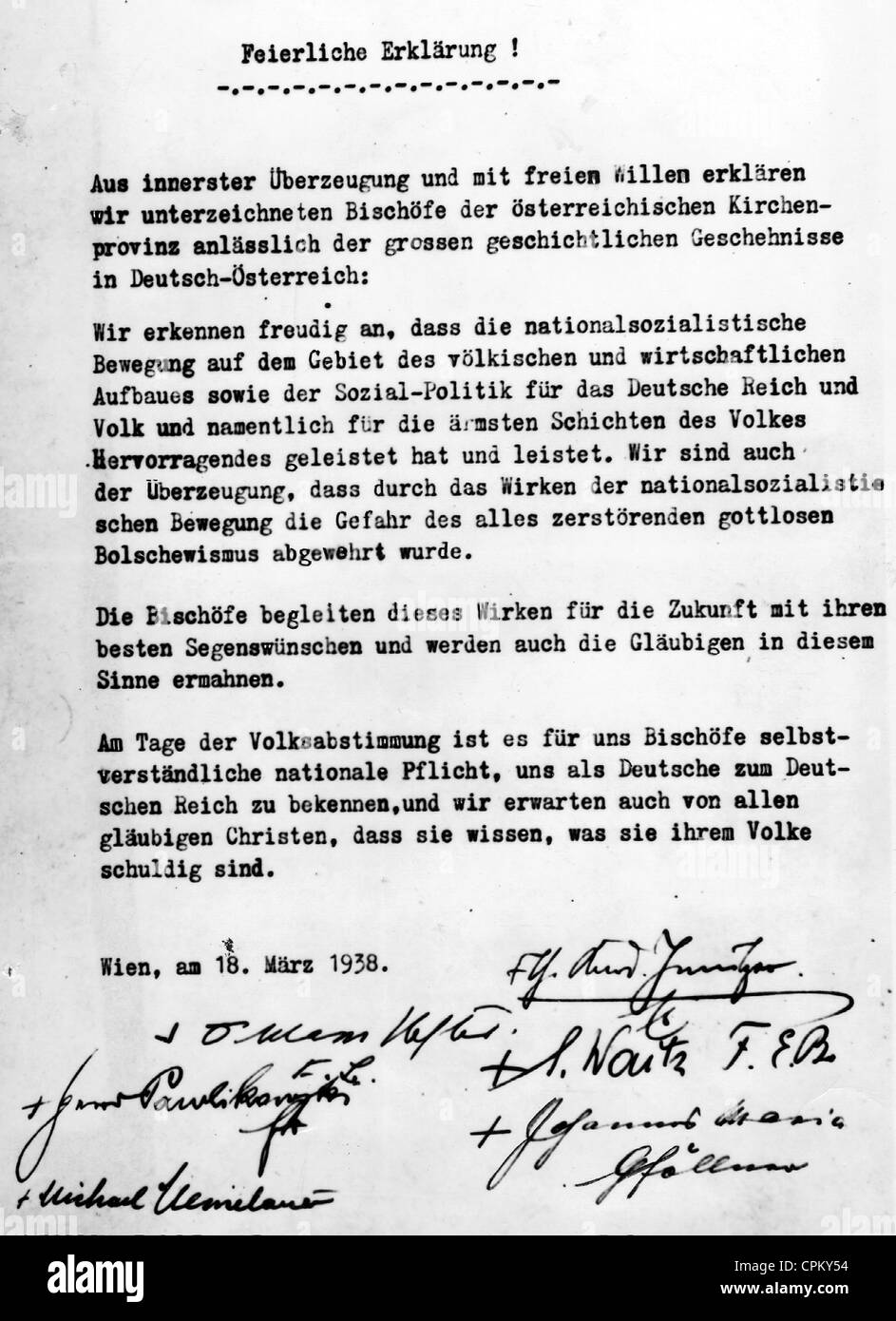 Dirección de lealtad de los Obispos austriacos para la anexión de Austria, 1938 Foto de stock