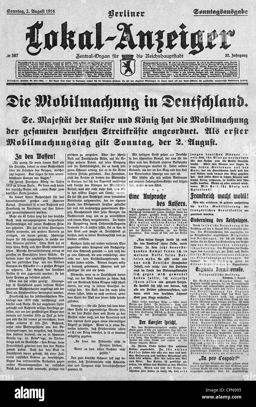 Edición de la Berliner Lokal-Anzeiger para el anuncio de la movilización en 1914 Foto de stock