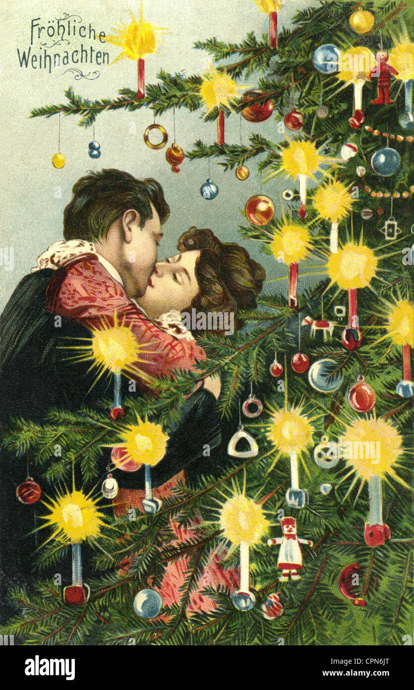 Navidad, tarjetas, pareja se besa bajo el árbol de Navidad, postal, Alemania, 1905, Derechos adicionales-Clearences-no disponible Foto de stock