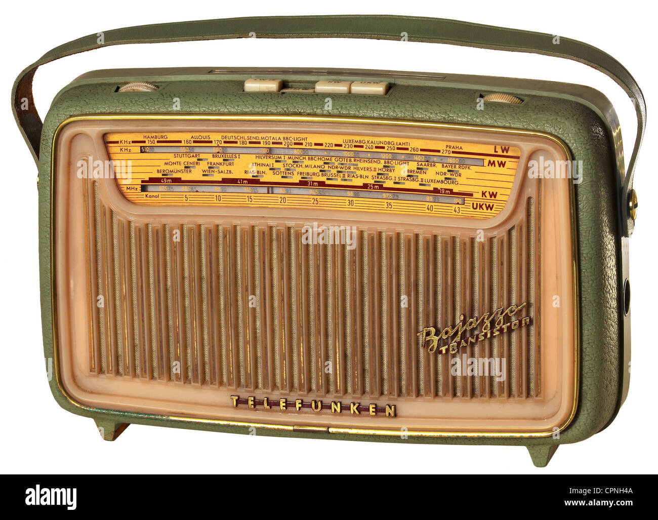 Radio, Telefunken Bajazzo Transistor, en ascona verde, peso, 8 kilogramos con baterías, caja de poliestireno, en ese momento precio original: 299 DM, Alemania, 1960, Derechos adicionales-Clearences-no disponible Foto de stock