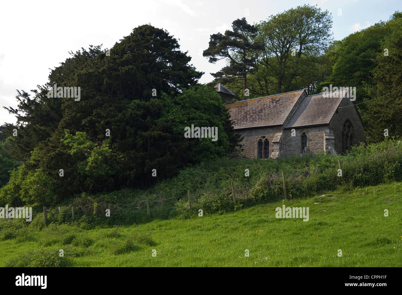 St David's Iglesia remota y sólo accesible a pie a través de una granja en el campo Llanddewi Fach Powys Mid-Wales UK Foto de stock