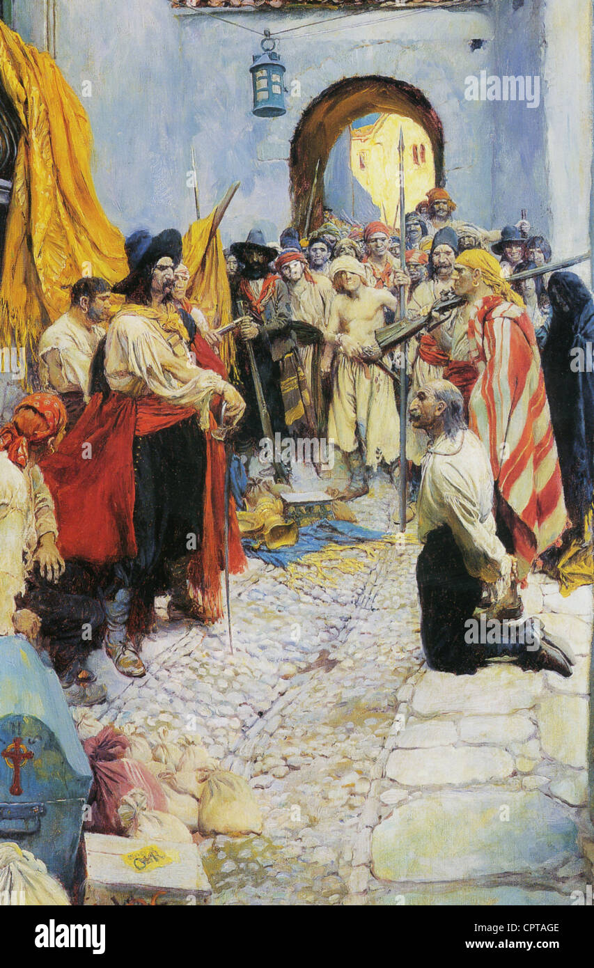 Piratas extorsionar homenaje de los ciudadanos, pintado por el artista estadounidense Howard Pyle publicado en Harper's Magazine mensual en 1905 Foto de stock