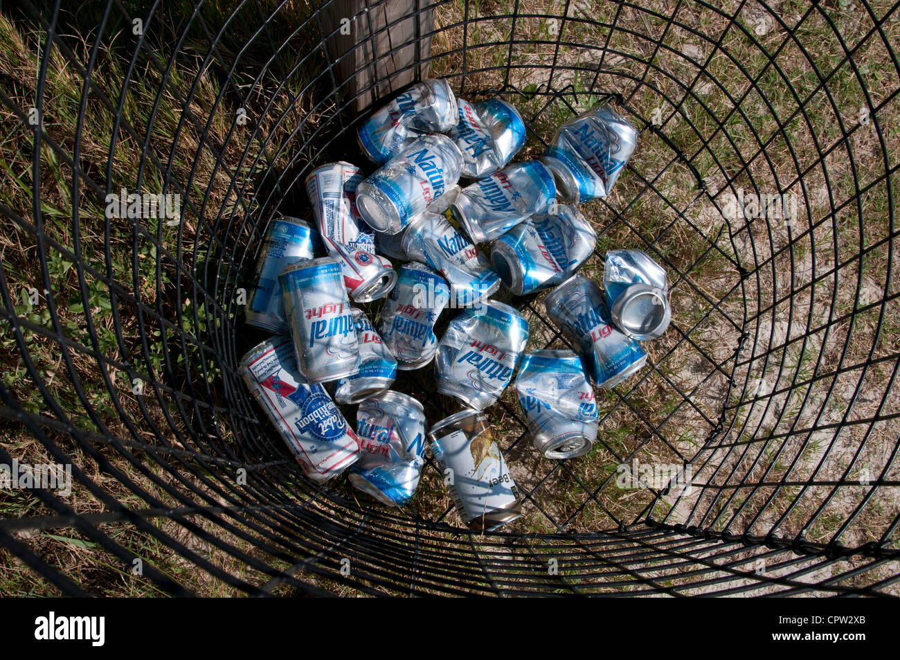 Latas de cerveza vacías en un alambre cesta de residuos Fotografía de