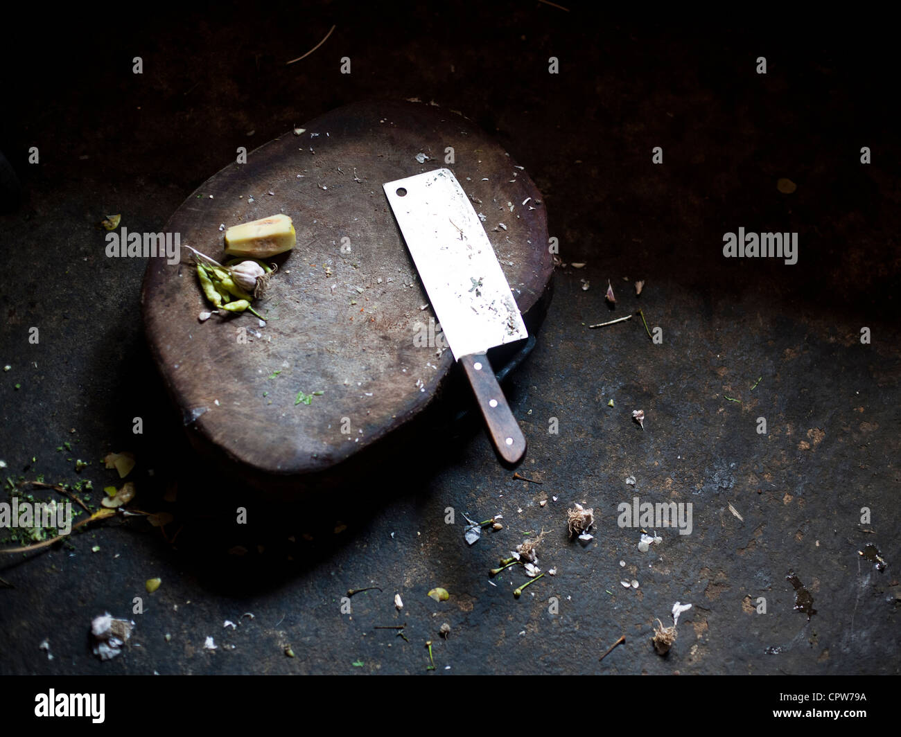 Picadora de carne en una aldea en China Foto de stock