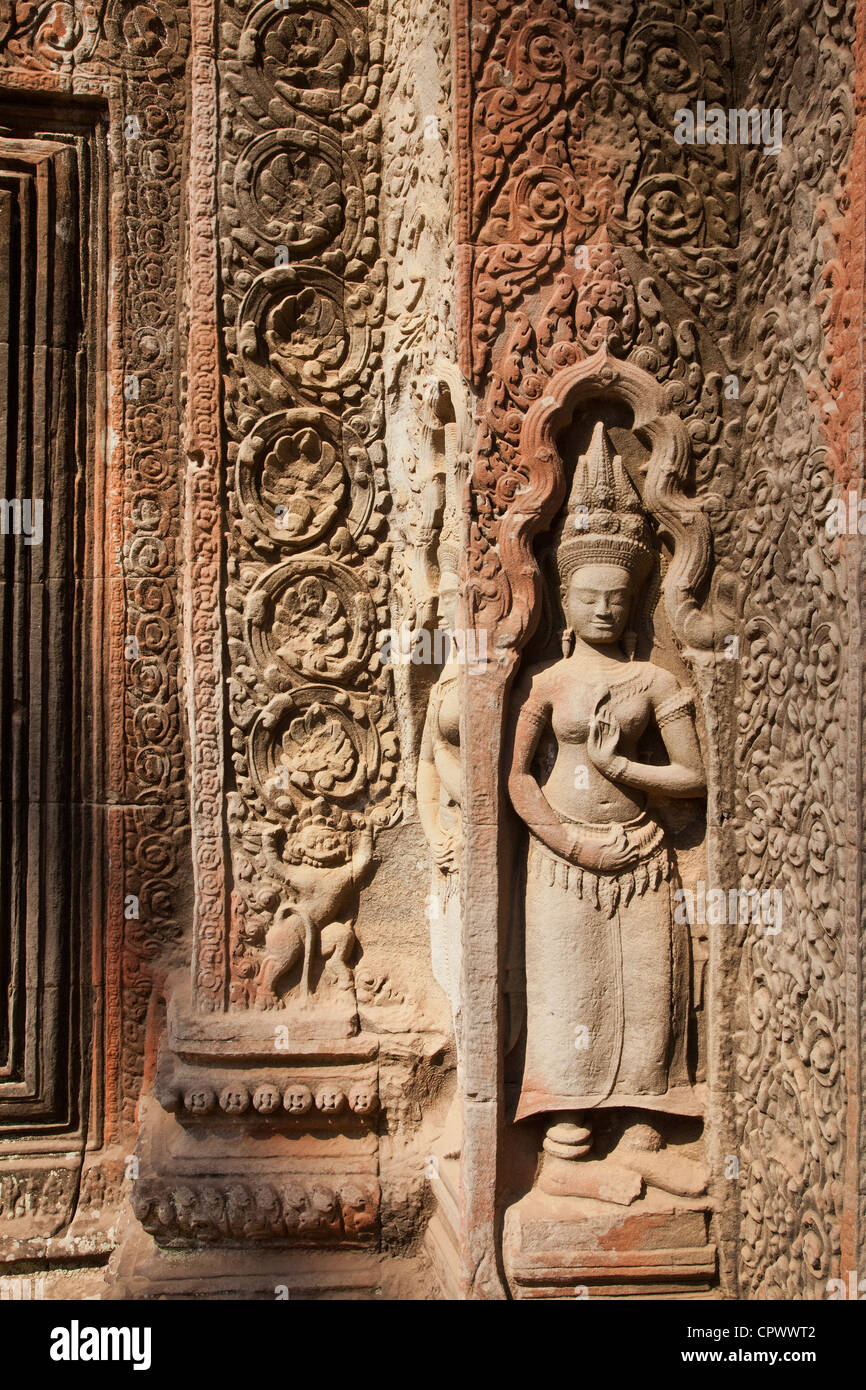 Paneles tallados en piedra, Ta Prohm, Angkor, en la provincia de Siem Reap, Camboya. Foto de stock