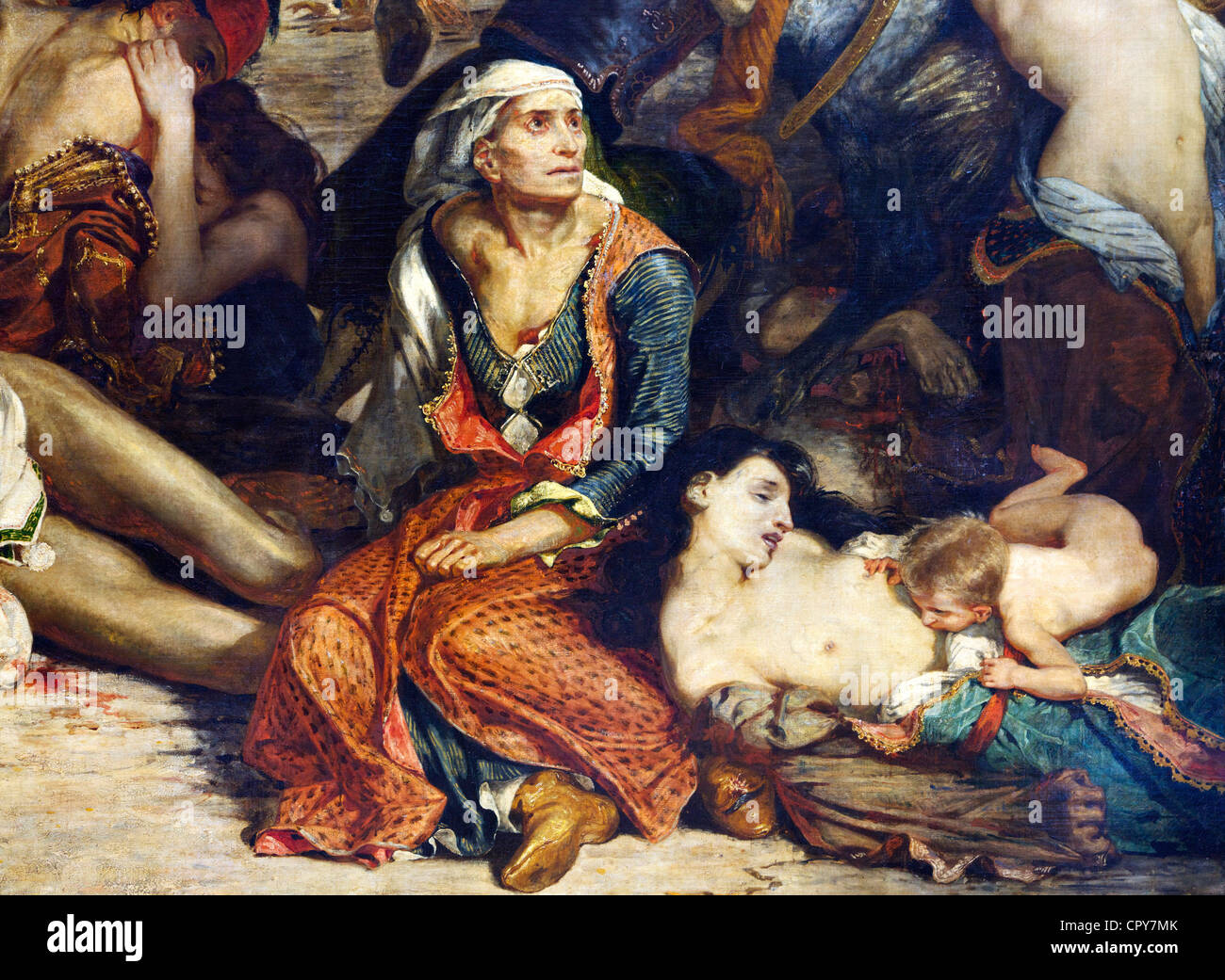 Detalle de la escena de la masacre de Scio, familias griegas atender a heridos o muertos, Eugène Delacroix 1824 Musée du Louvre Paris Foto de stock