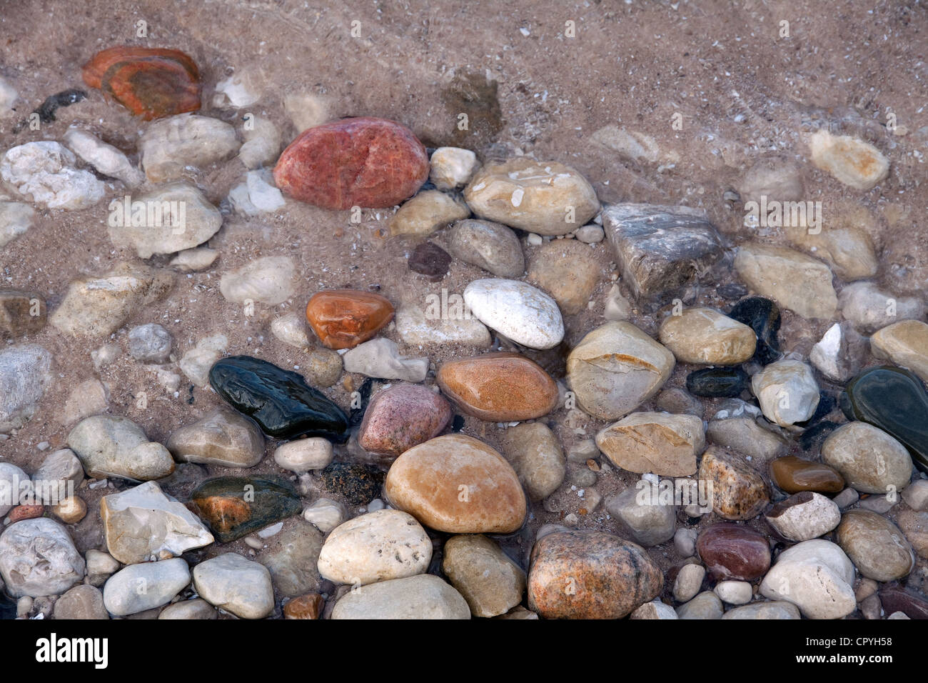 Varias piedras erosionadas, ágatas y guijarros en la orilla del Lago Hurón, Michigan, EE.UU. Foto de stock