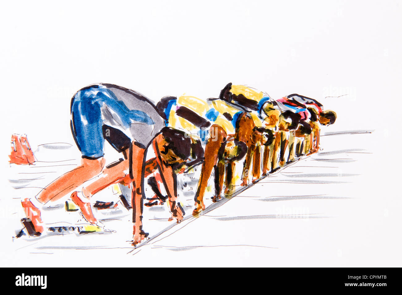 Inicio de una carrera, atletismo, Dibujo del artista Gerhard Kraus,  Kriftel, ilustración Fotografía de stock - Alamy