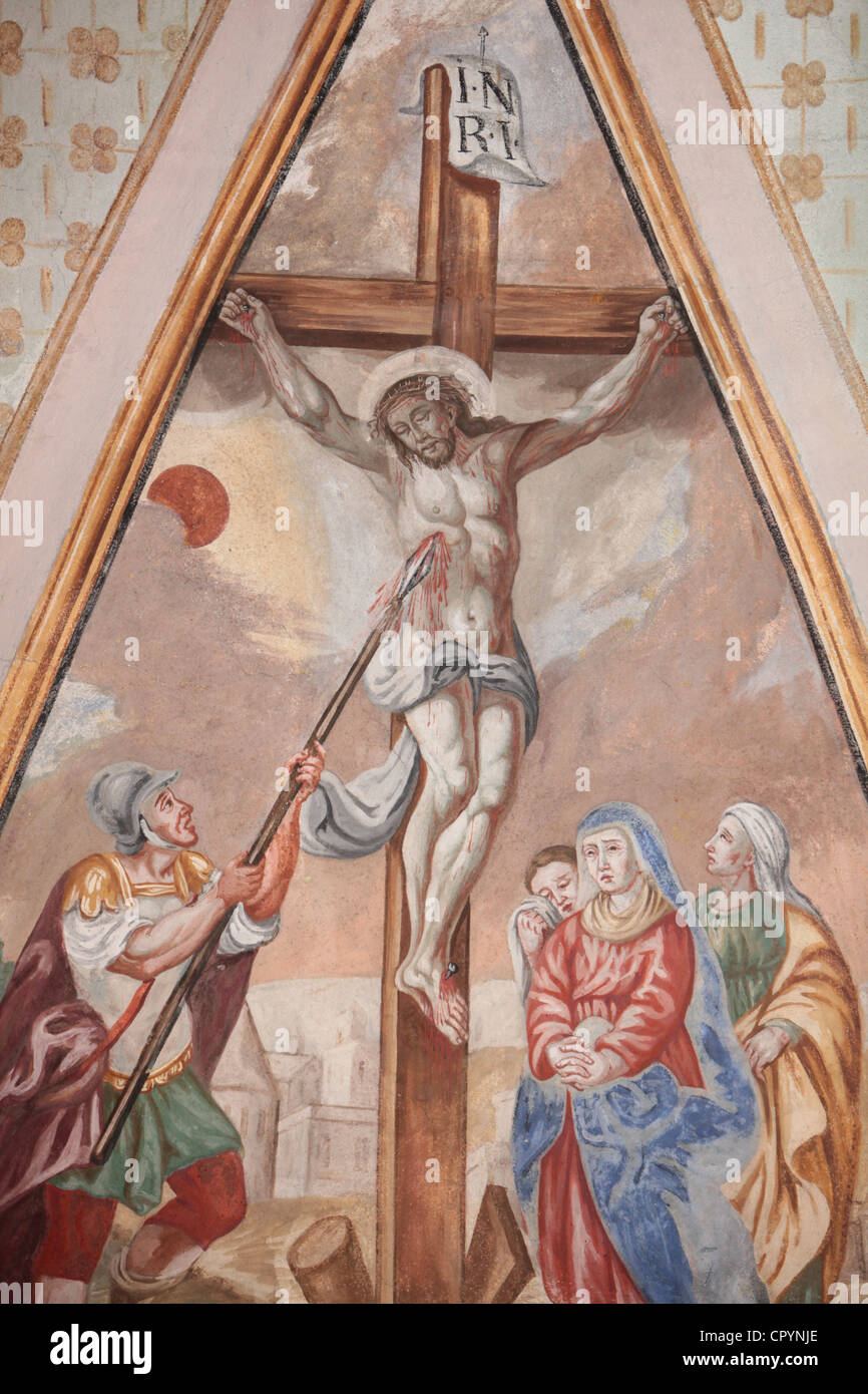 La Crucifixión, la iglesia de Nuestra Señora de la Asunción, cordón, Alta Saboya, Francia, Europa Foto de stock