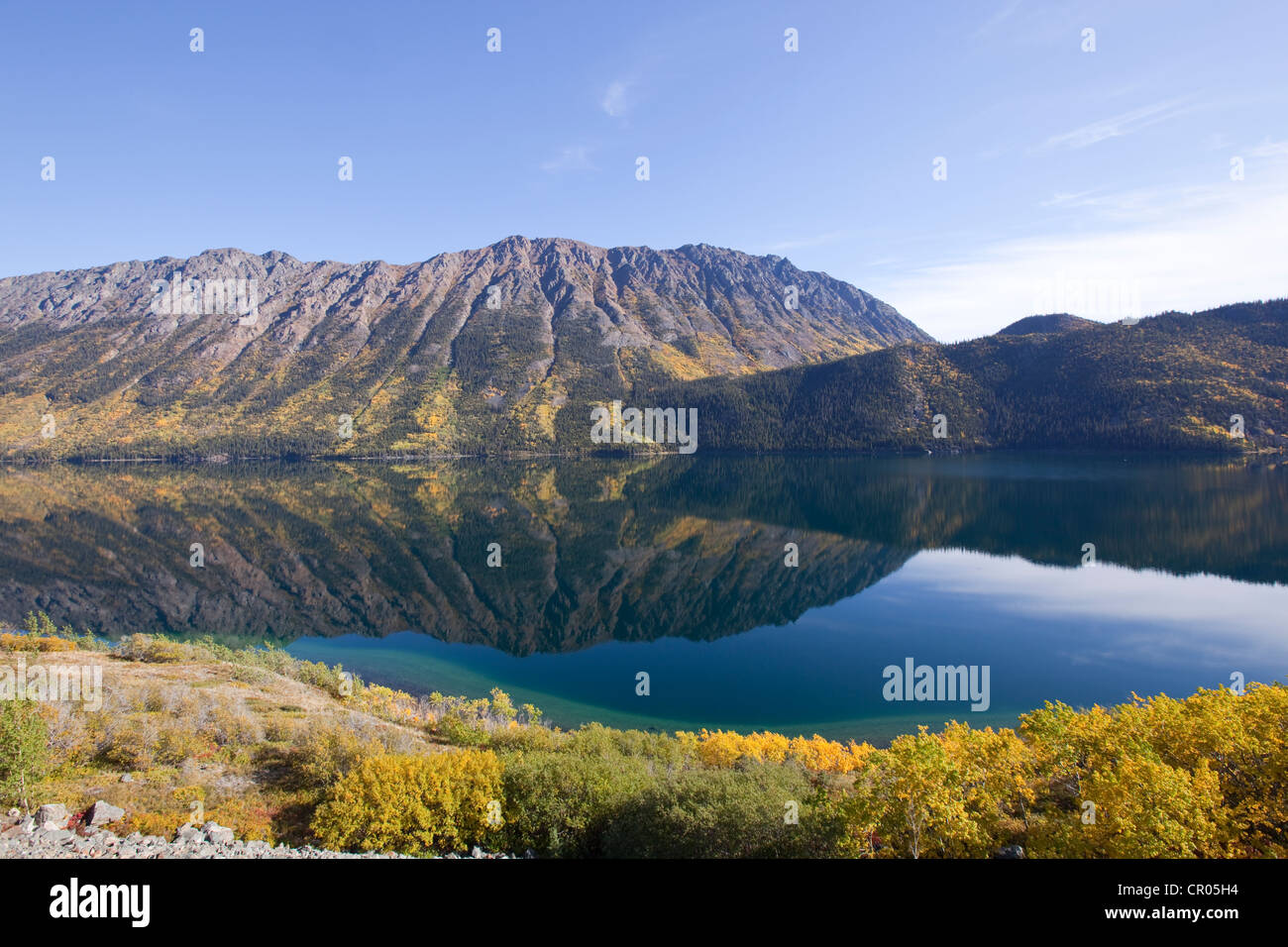 Calma ventoso brazo del Lago Tagish, reflexiones, Escarment Montaña, Tagish Highland detrás, otoño, verano indio Foto de stock