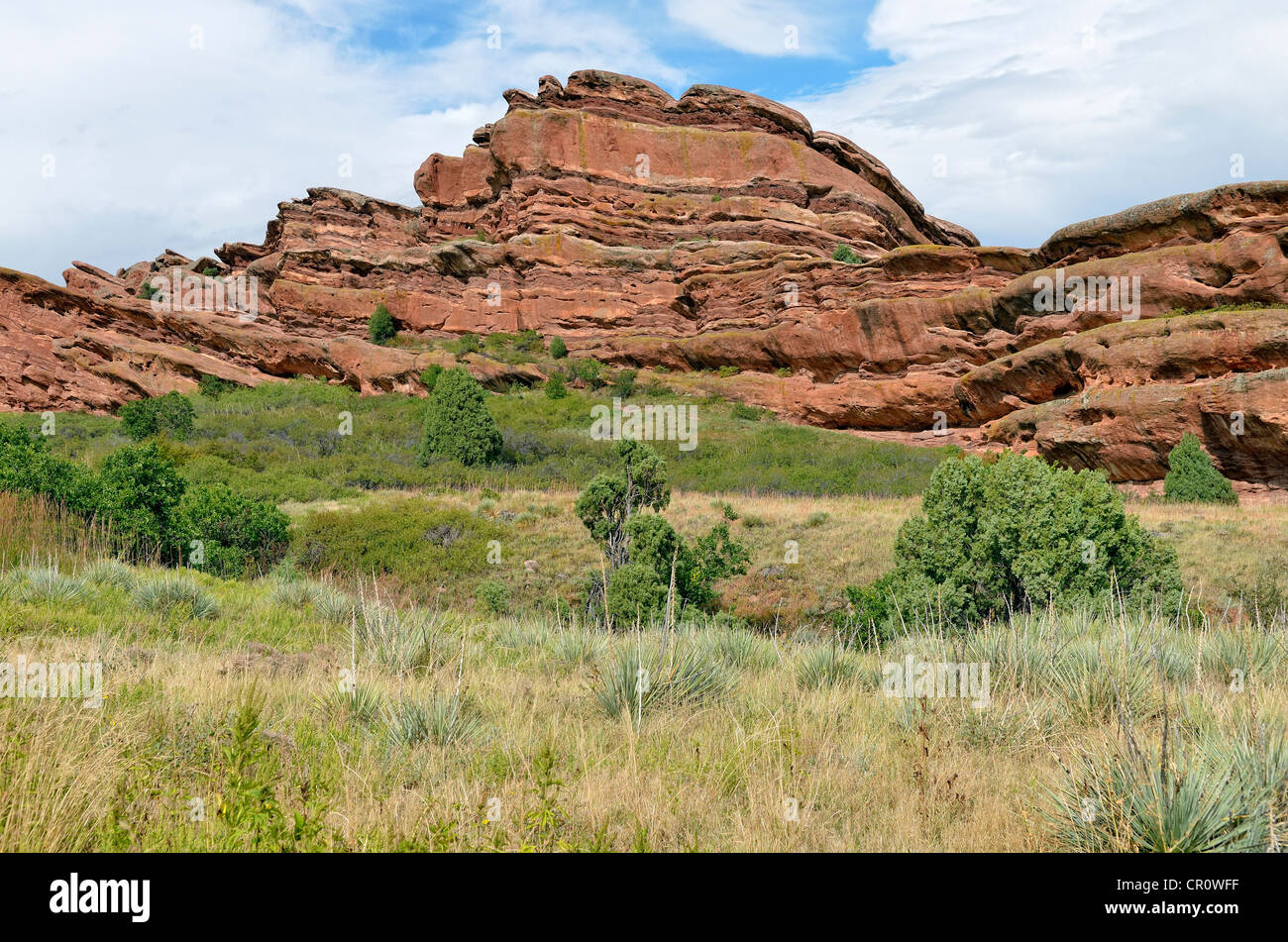 Formaciones rocosas de arenisca roja, rocas, Red Rocks Park, en Denver, Colorado, EE.UU. Foto de stock