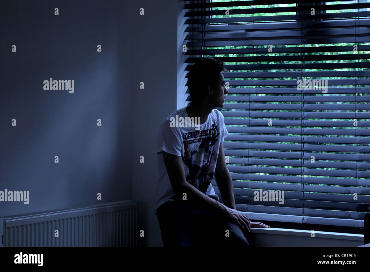 Macho joven sentado en una habitación oscura que mira hacia fuera a través de la persiana de una ventana. Modelo y propiedad (propiedad del fotógrafo) liberado. Foto de stock