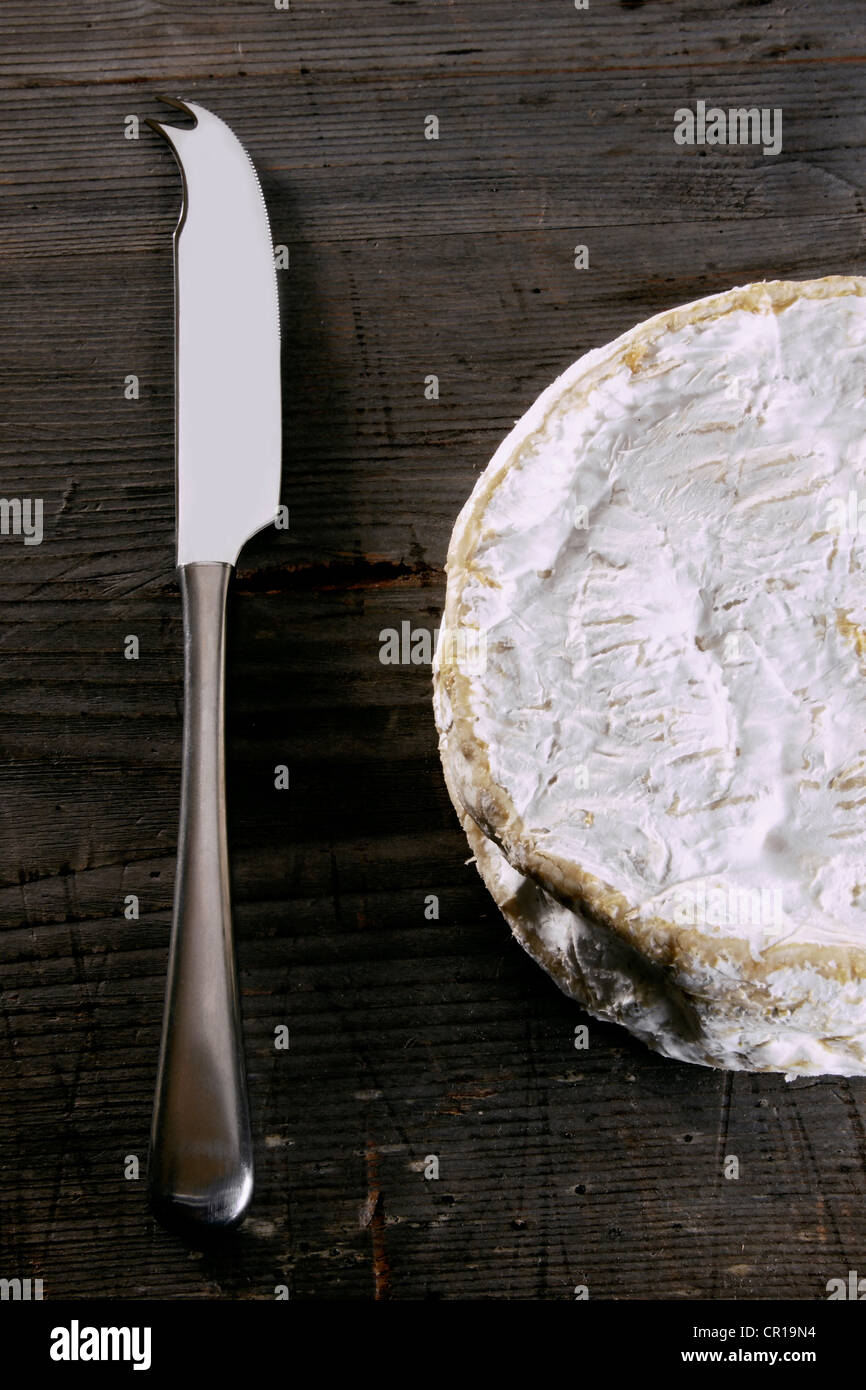 Queso Camembert con un cuchillo sobre una superficie de madera rústica Foto de stock