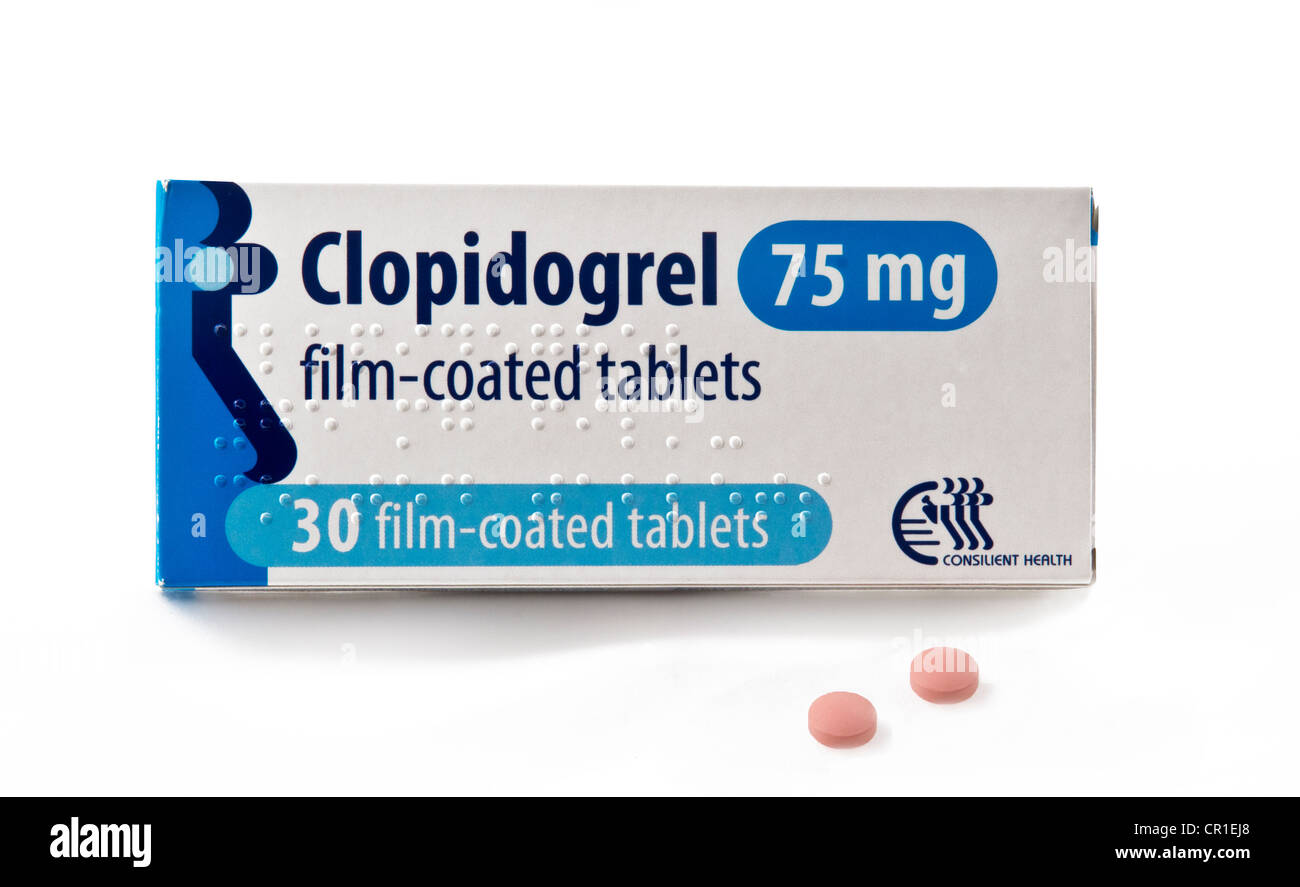 Un paquete de clopidogrel anticoagulantes mostrando tableta. También
