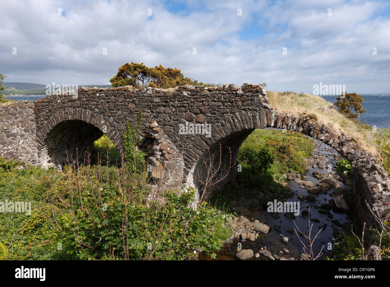 Puente Viejo en la costa, Glenariff, cañadas de Antrim, Condado de Antrim, Irlanda del Norte, Irlanda, Gran Bretaña, Europa Foto de stock