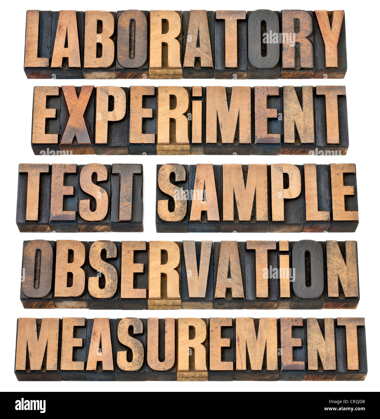 Un collage de palabras relacionadas a la investigación experimental - laboratorio, experimentar, probar, probar la observación, la medición Foto de stock