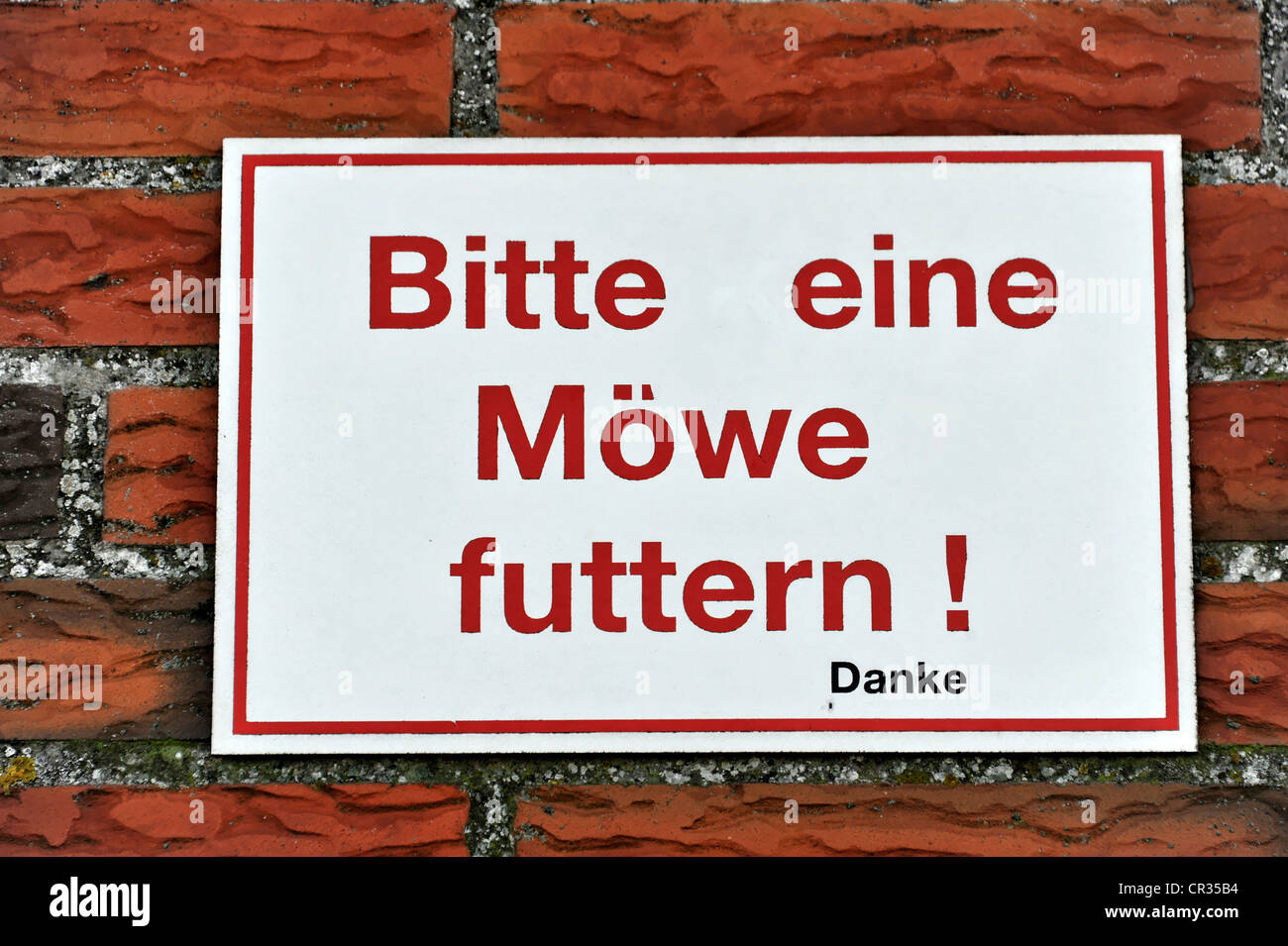 Bitte eine Moewe futtern, por favor alimentar una gaviota, alteración de la señal en un restaurante, Eidersperrwerk, Eider andanada Foto de stock