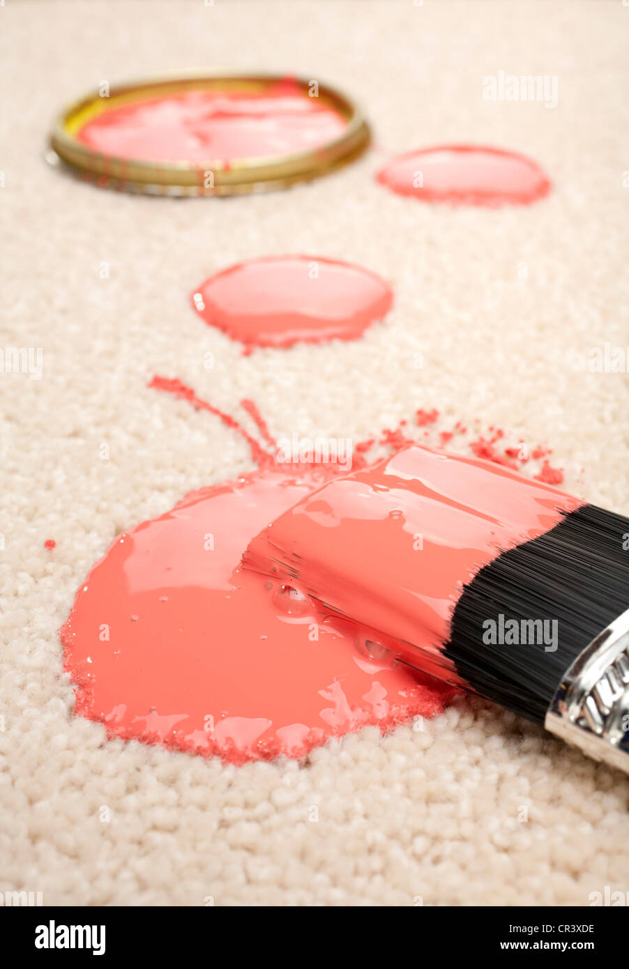 Pintura rosa derramado sobre la alfombra de color crema con un cepillo. Foto de stock