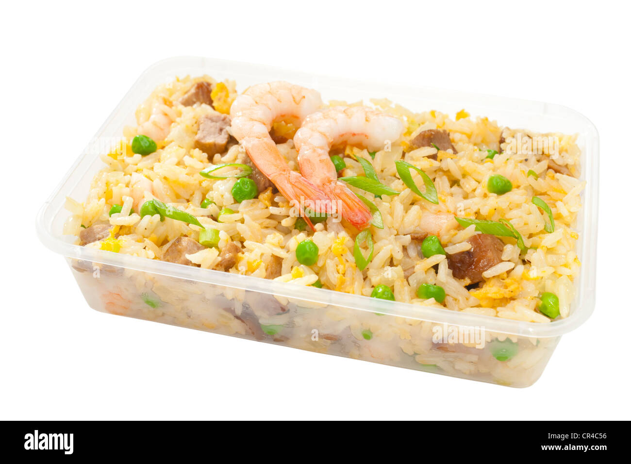Recipiente de plástico llena con comida china, Foto de stock