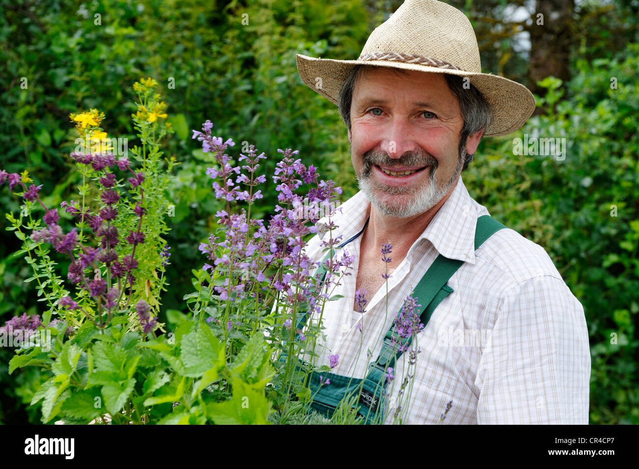 Jardinero con sombrero de paja y una caja de hierbas Foto de stock