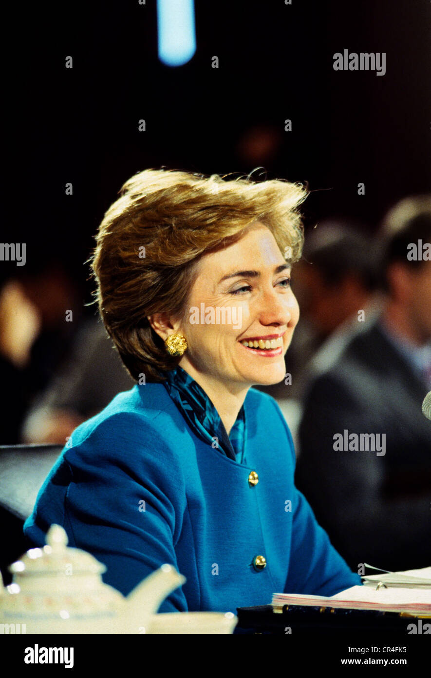 Clinton, Hillary, * 26.10.1947, político estadounidense (demócratas), Primera Dama 1993 - 2001, retrato, durante una conferencia, a principios de los años 90, Foto de stock
