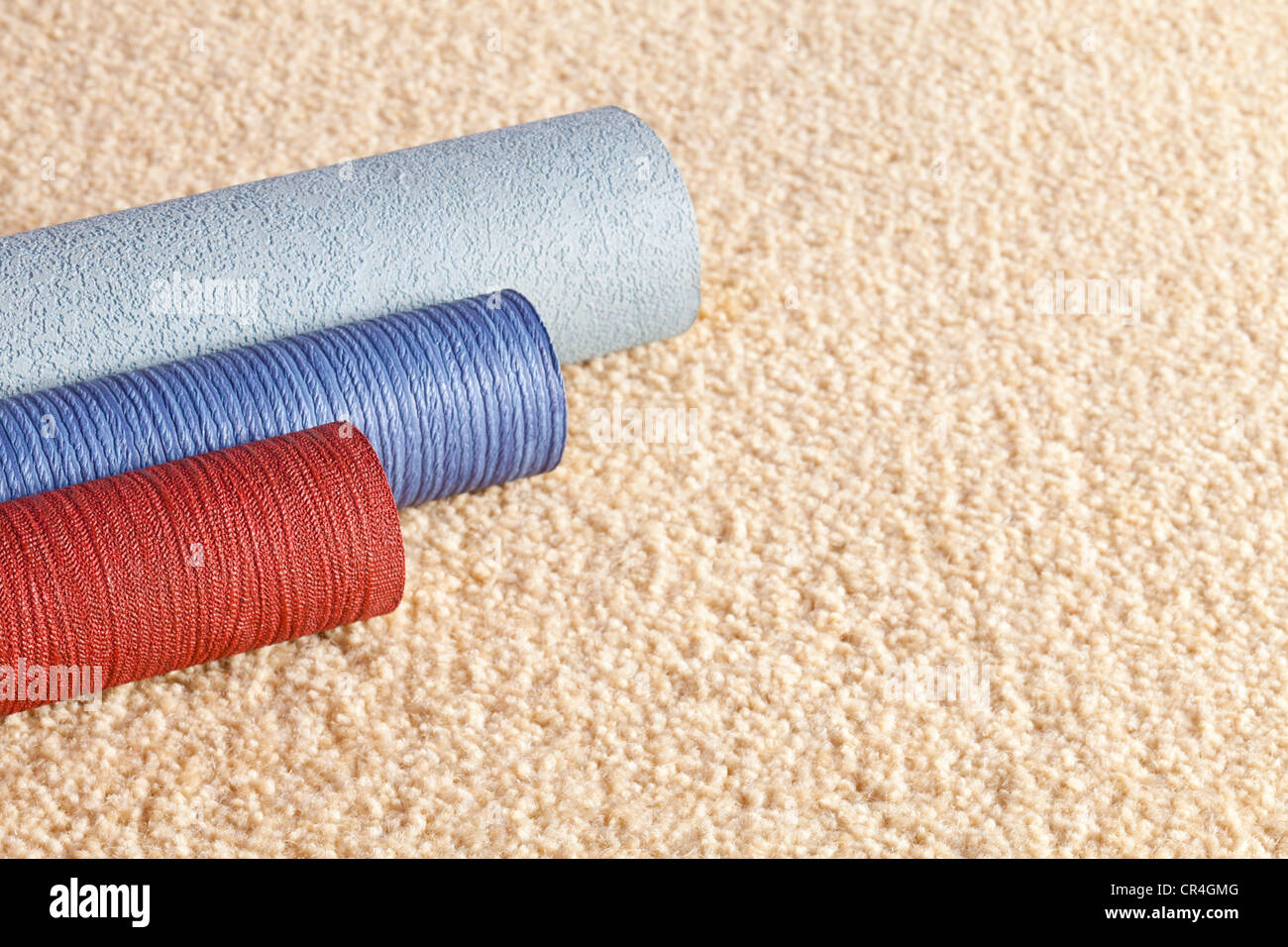 Muestra rollos de papel tapiz en una alfombra de color claro, con espacio de copia. Foto de stock