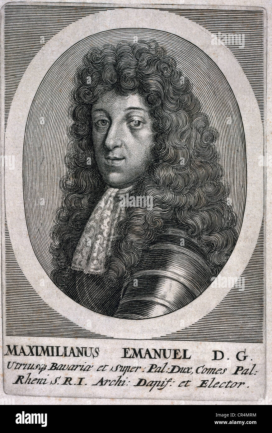 Maximilian II. Emanuel, 11.7.1662 - 26.2.1726, príncipe elector de Baviera 26.5.1679 - 26.2.1726, retrato, grabado en cobre, artista contemporáneo del copyright no ha de ser borrado Foto de stock
