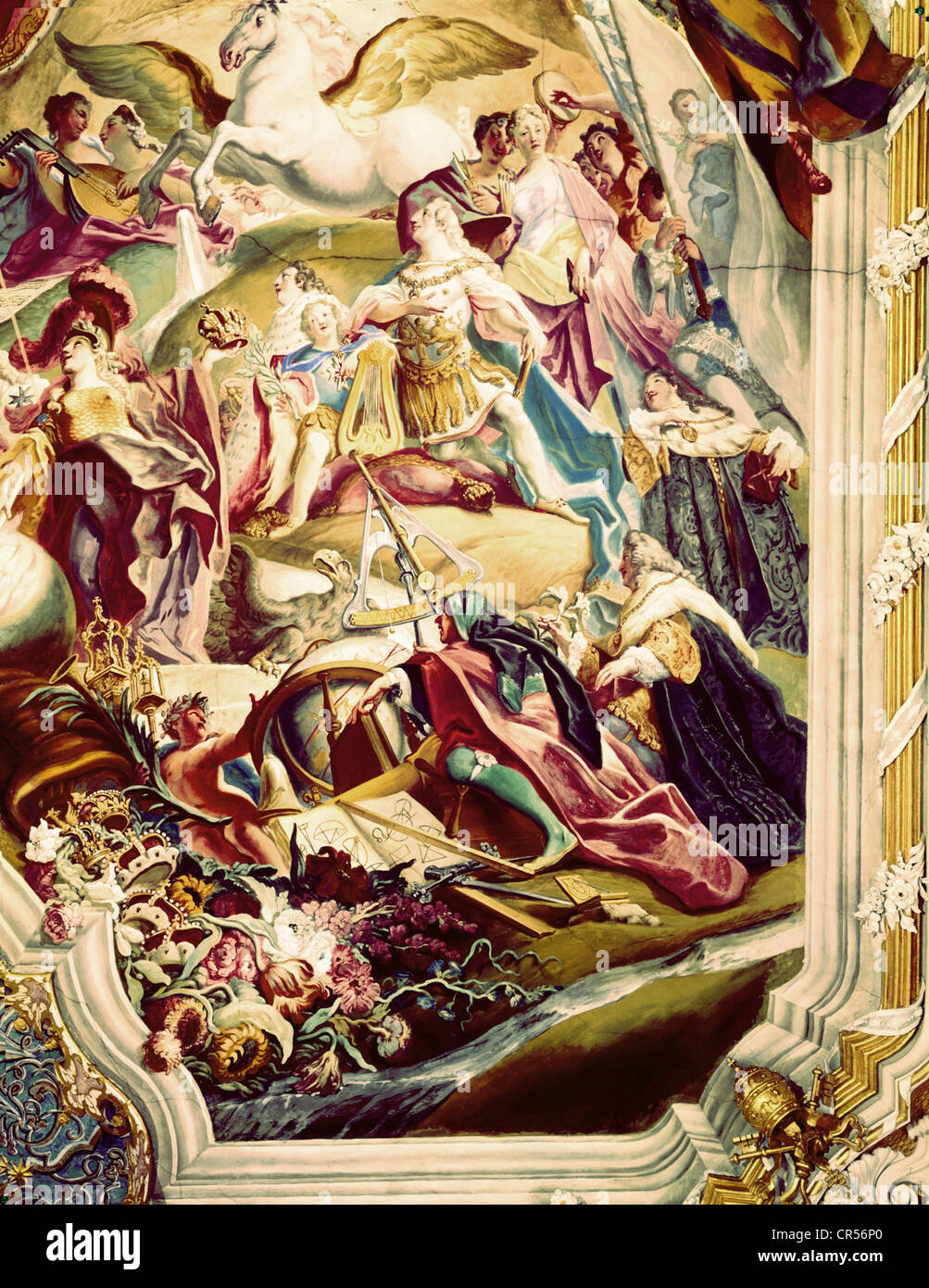 Maximiliano II Emanuel, 11.7.1662 - 26.2.1726, elector de Baviera 26.5.1679 - 26.2.1726, con Professoren de la Universidad de Ingolstadt, mural de Cosmas Damian Asam, 1734, Iglesia de Santa Maria de Victoria, Ingolstadt, Foto de stock
