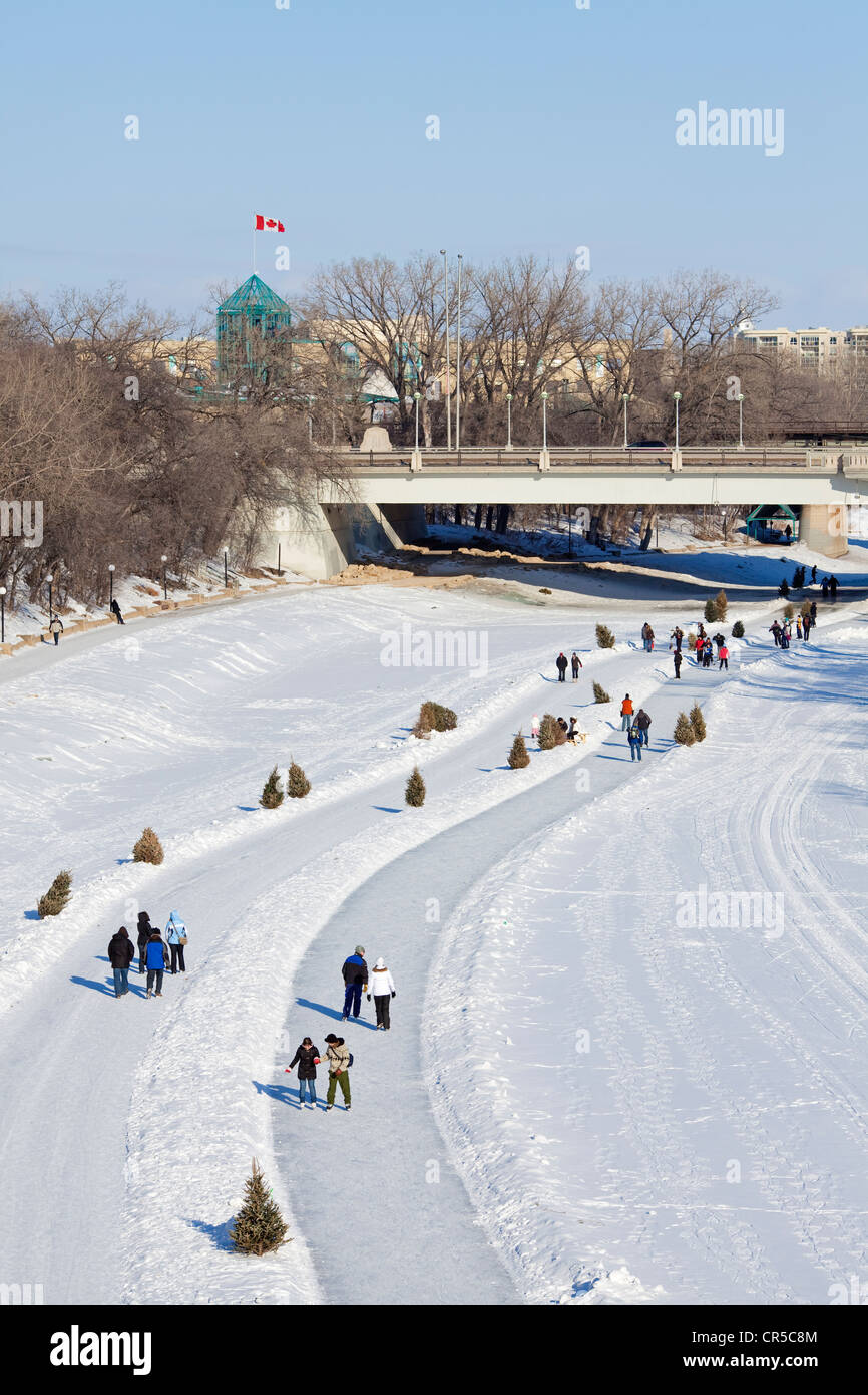 Canadá, la provincia de Manitoba, Winnipeg, las horquillas, pista de patinaje sobre hielo en el Río Rojo del Norte congelada en invierno, los patinadores Foto de stock