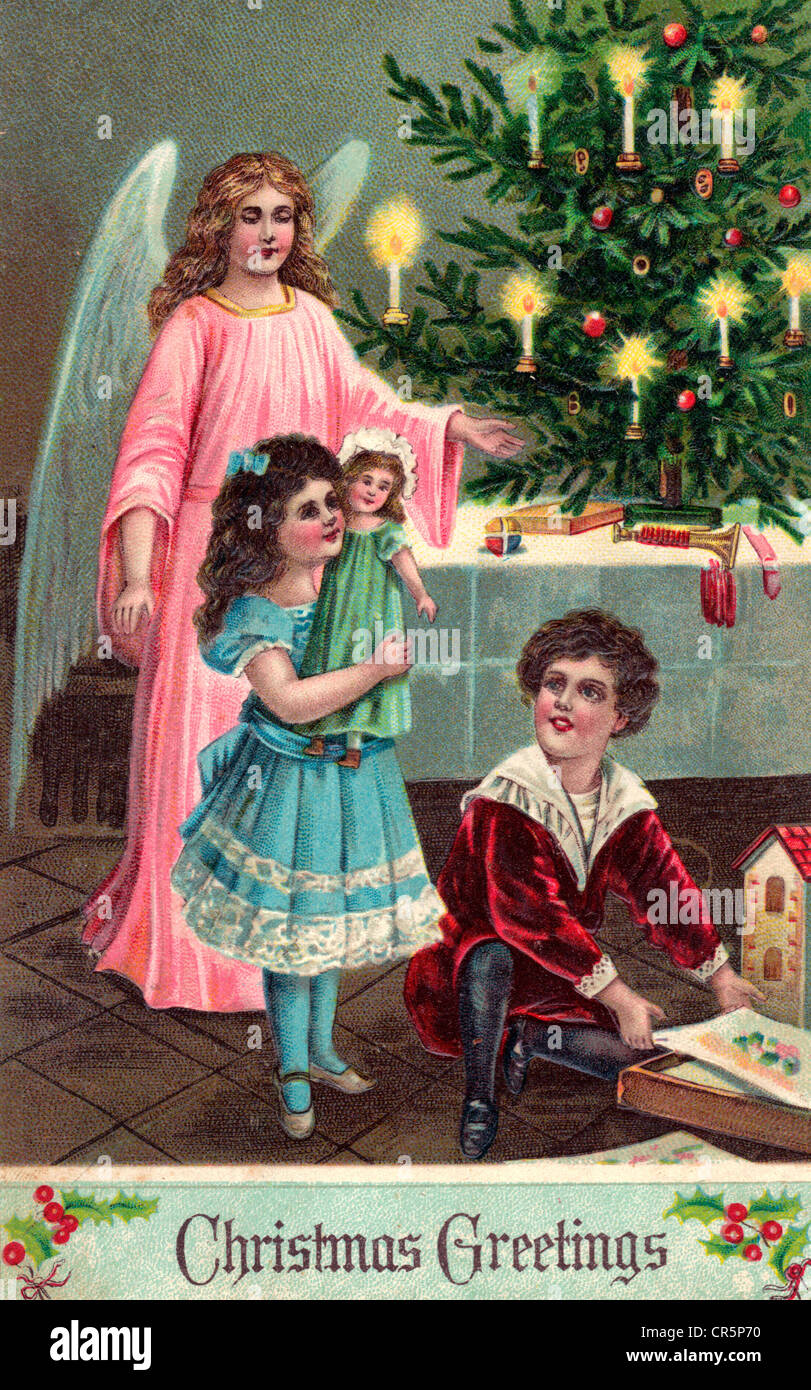 Saludos de Navidad - vintage Tarjeta de navidad con Angel y niños Foto de stock