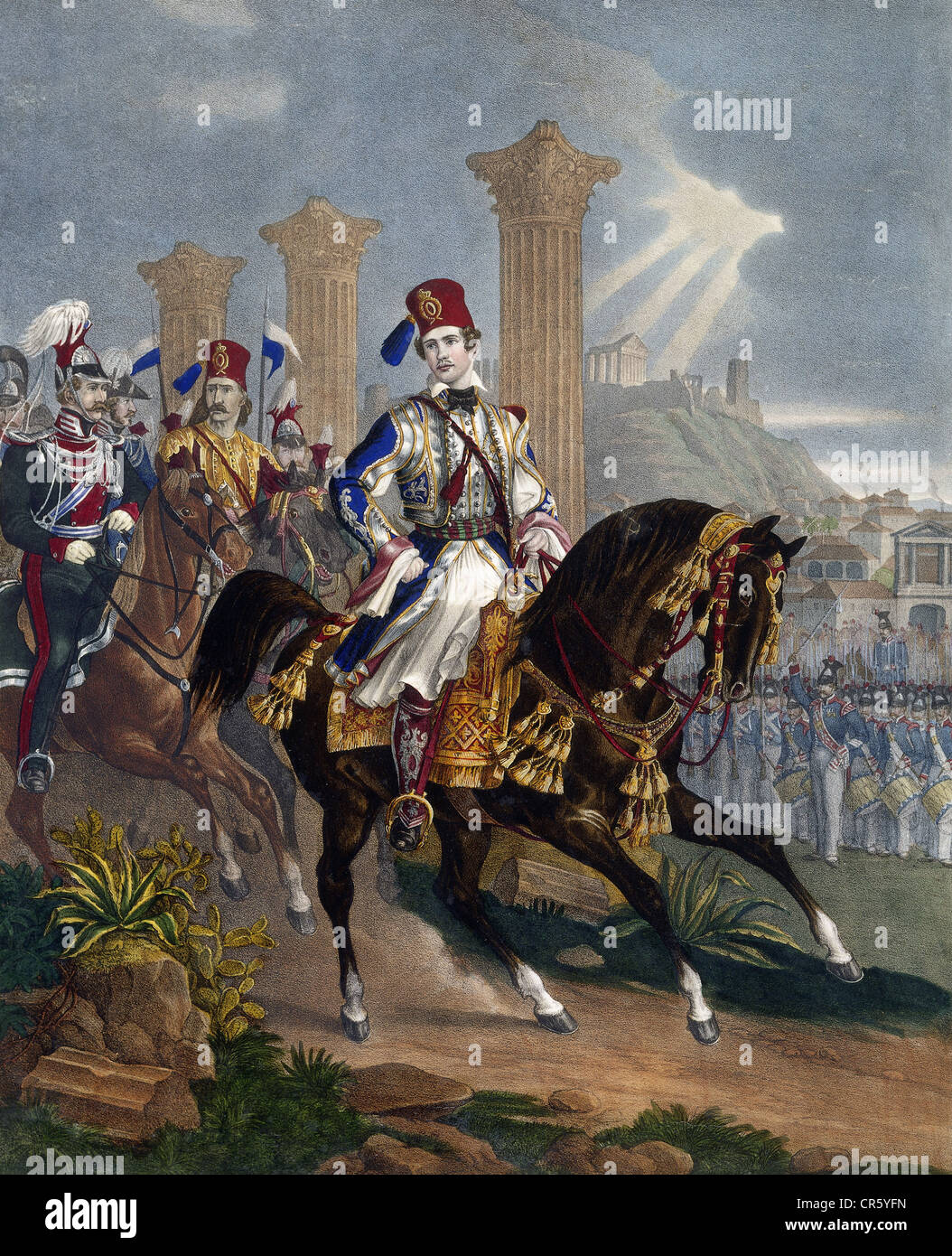 Otto I, 1.6.1815 - 26.7.1867, Rey de Grecia 5.10.1832 - 24.10.1862, en traje nacional griego, litografía coloreada, siglo 19, , Foto de stock