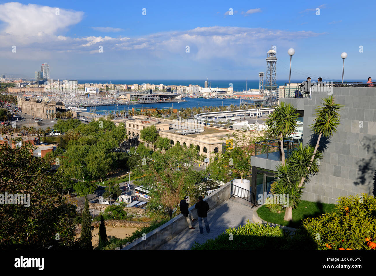 España, Cataluña, Barcelona, Port Vell (puerto viejo), la Rambla del Mar pasarelas por los arquitectos Helio Piñón y Albert Viaplana y Foto de stock