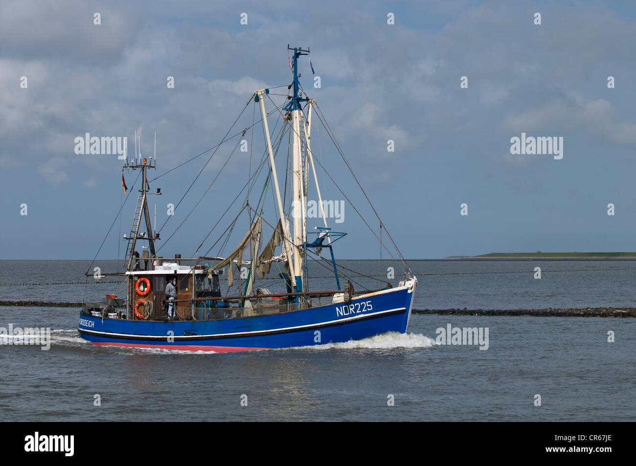 Barco de pesca del cangrejo azul, ni 225, regresando al puerto de Norddeich después de la pesca, del Mar de Wadden de Baja Sajonia Foto de stock