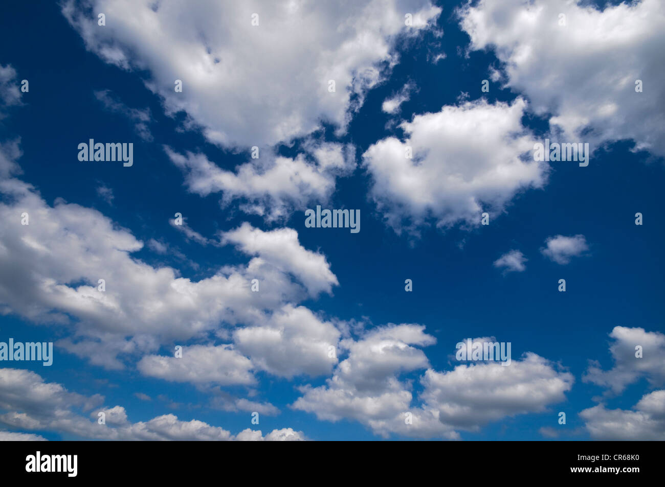 Numerosos cúmulos, cielo azul Foto de stock