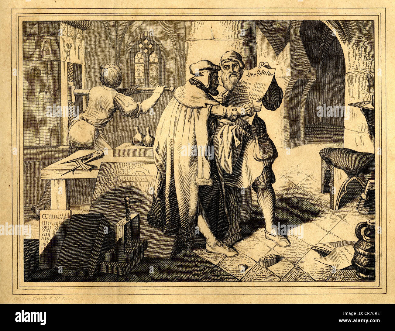 La invención del arte de la impresión, grabado de'Historisch - Biographisches Universum', Stuttgart, 1841 . Johannes Gutenberg fue el inventor (probablemente alrededor de 1440), nacido alrededor de 1400 en Mainz, murió 1468, Foto de stock