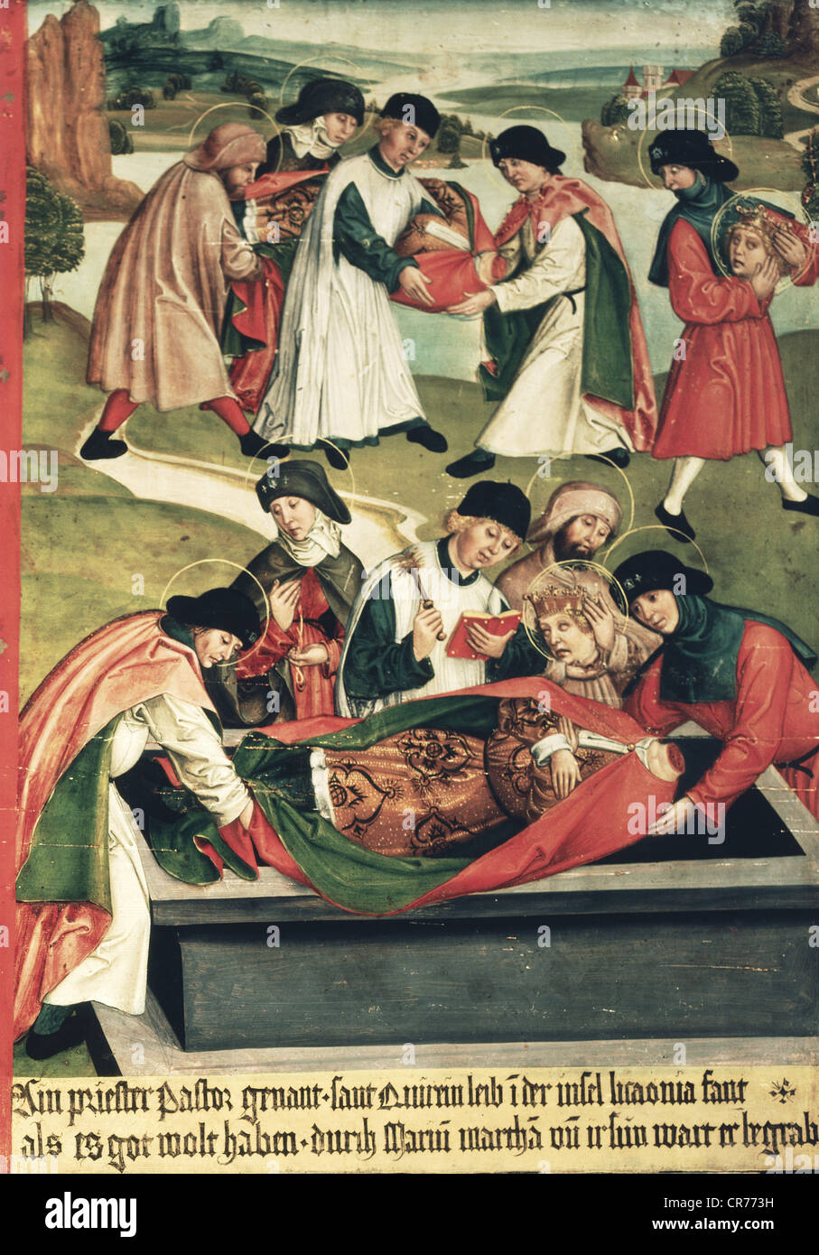 Quirinus de Neuss, circa 130 DC, San, mártir cristiano, su muerte, entierro del Quirinus decapitado, detalle de una placa de leyenda, aceite en madera, 82 x 57 cm, Baviera, circa 1510, Foto de stock