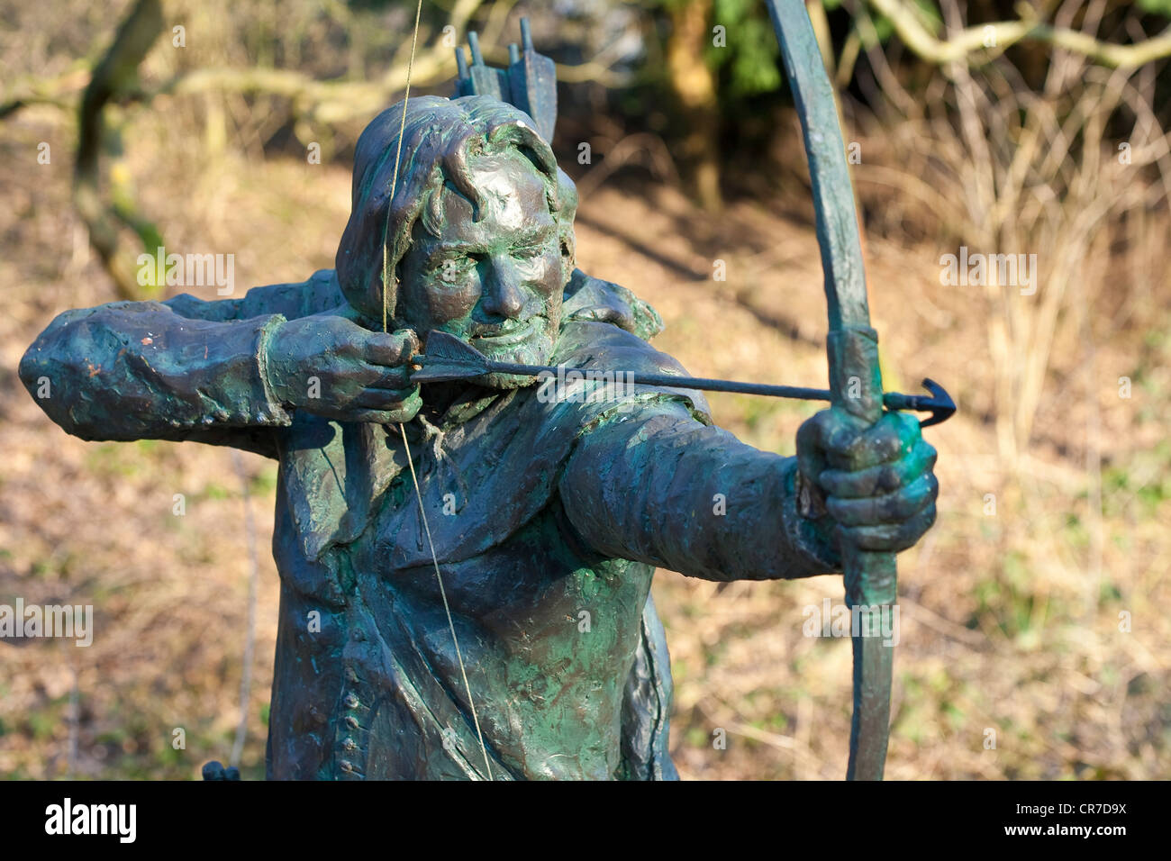 Reino Unido, East Midlands, Nottinghamshire, Edwinstowe, El Bosque de Sherwood, Robin Hood estatua Foto de stock